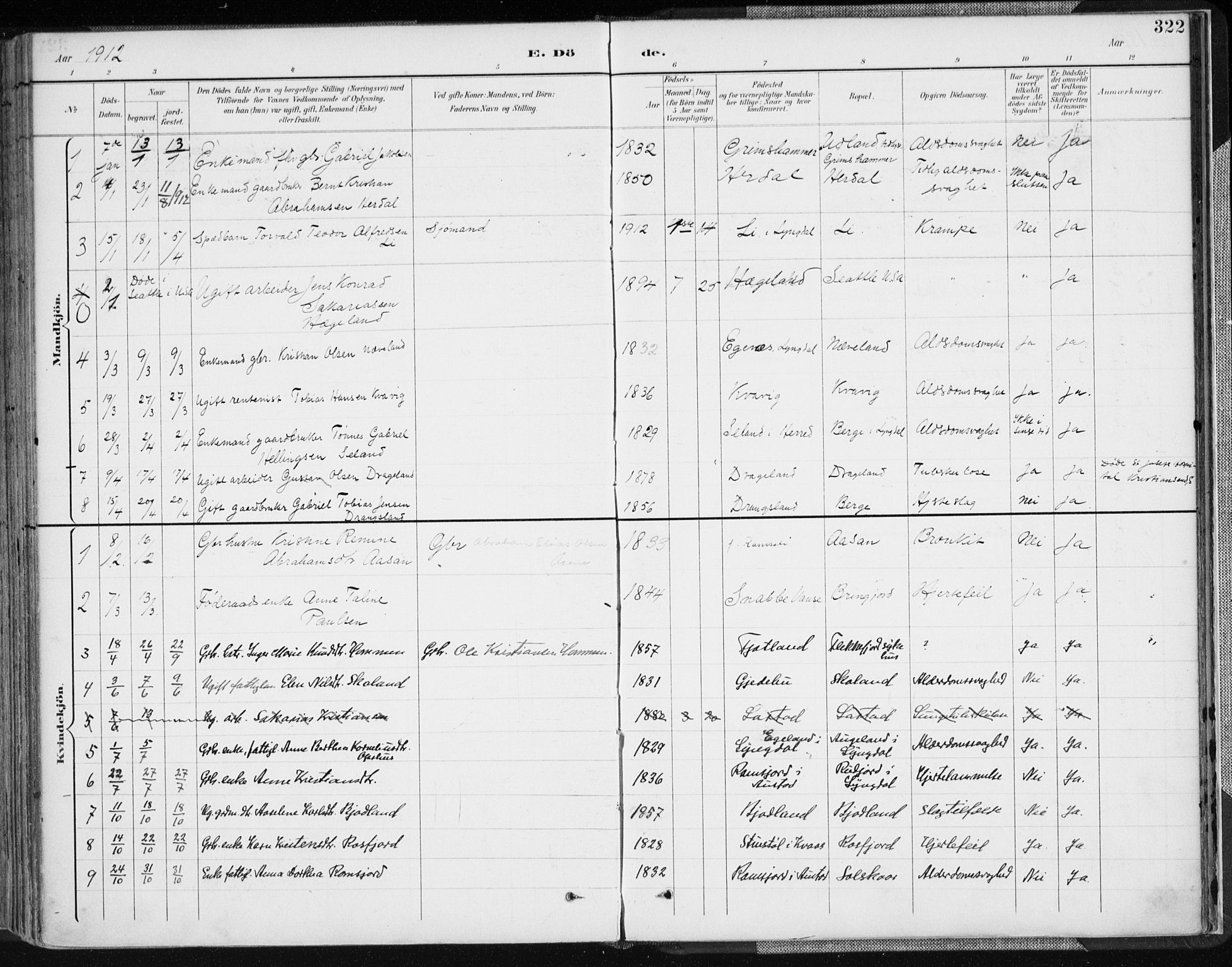 Lyngdal sokneprestkontor, AV/SAK-1111-0029/F/Fa/Fac/L0012: Parish register (official) no. A 12, 1894-1918, p. 322