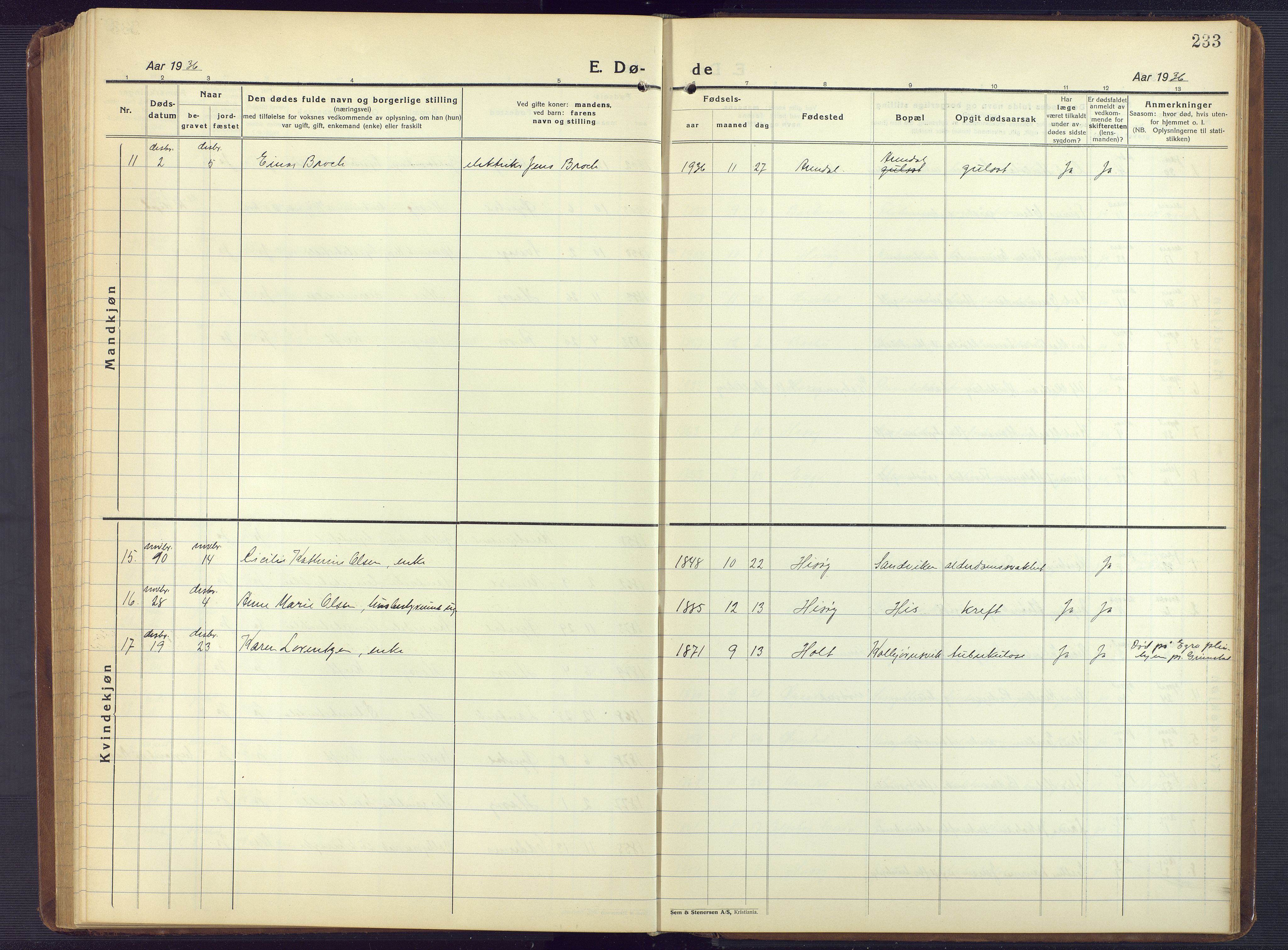 Hisøy sokneprestkontor, AV/SAK-1111-0020/F/Fb/L0005: Parish register (copy) no. B 5, 1924-1946, p. 233