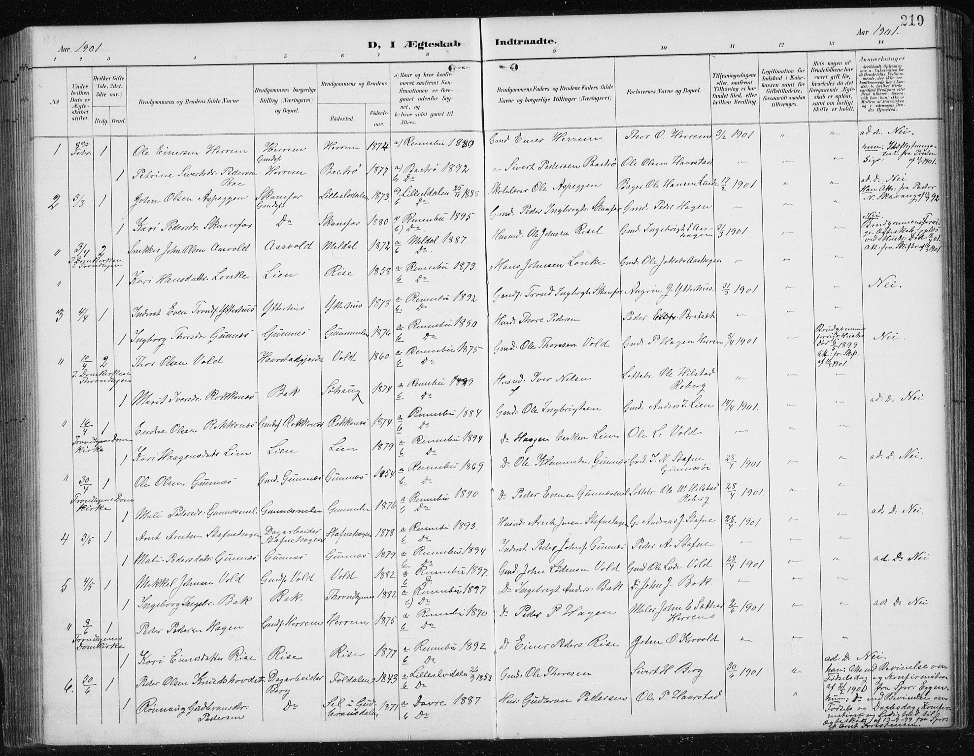 Ministerialprotokoller, klokkerbøker og fødselsregistre - Sør-Trøndelag, SAT/A-1456/674/L0876: Parish register (copy) no. 674C03, 1892-1912, p. 219