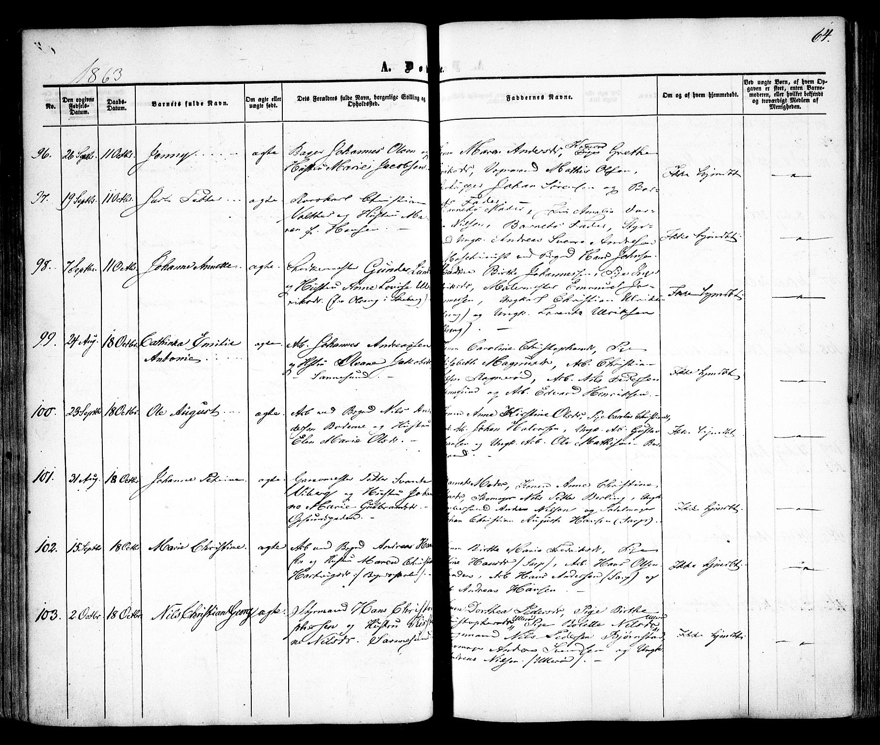 Sarpsborg prestekontor Kirkebøker, SAO/A-2006/F/Fa/L0001: Parish register (official) no. 1, 1859-1868, p. 64