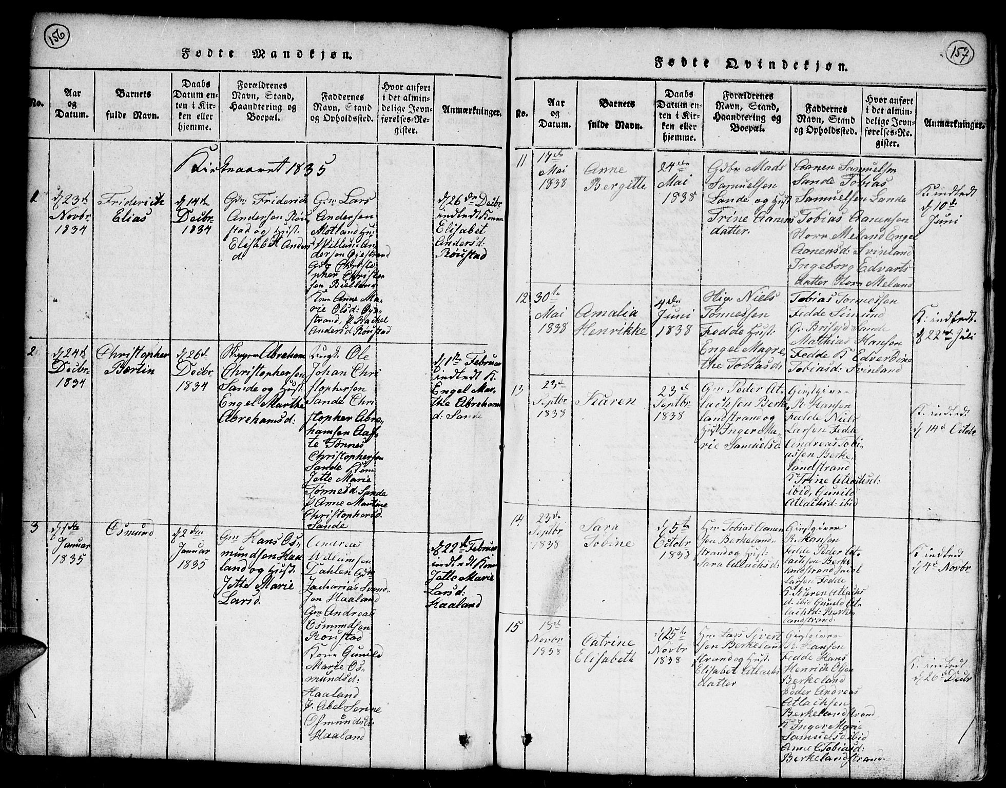 Kvinesdal sokneprestkontor, SAK/1111-0026/F/Fb/Fba/L0001: Parish register (copy) no. B 1, 1815-1839, p. 156-157