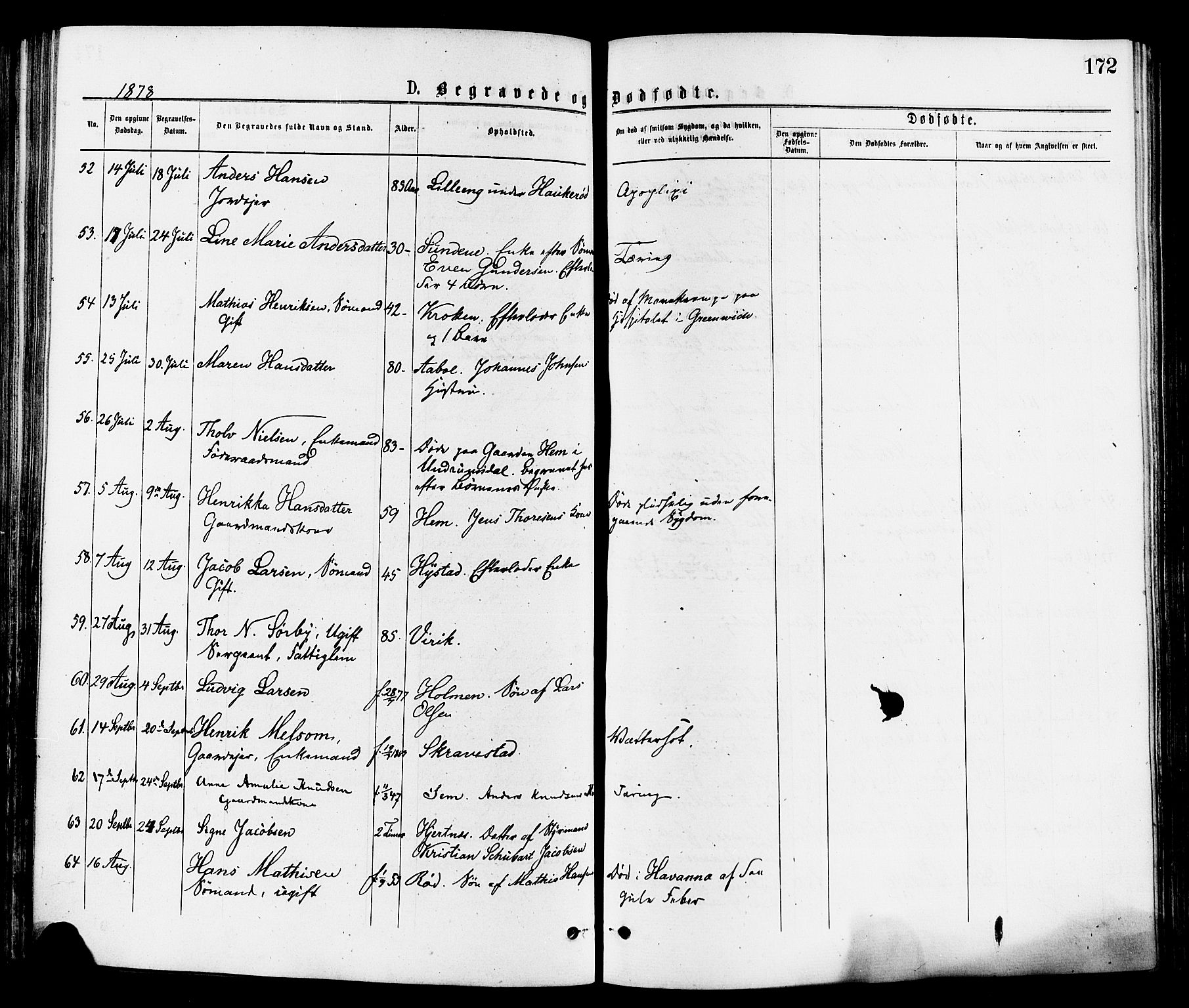 Sandar kirkebøker, SAKO/A-243/F/Fa/L0011: Parish register (official) no. 11, 1872-1882, p. 172