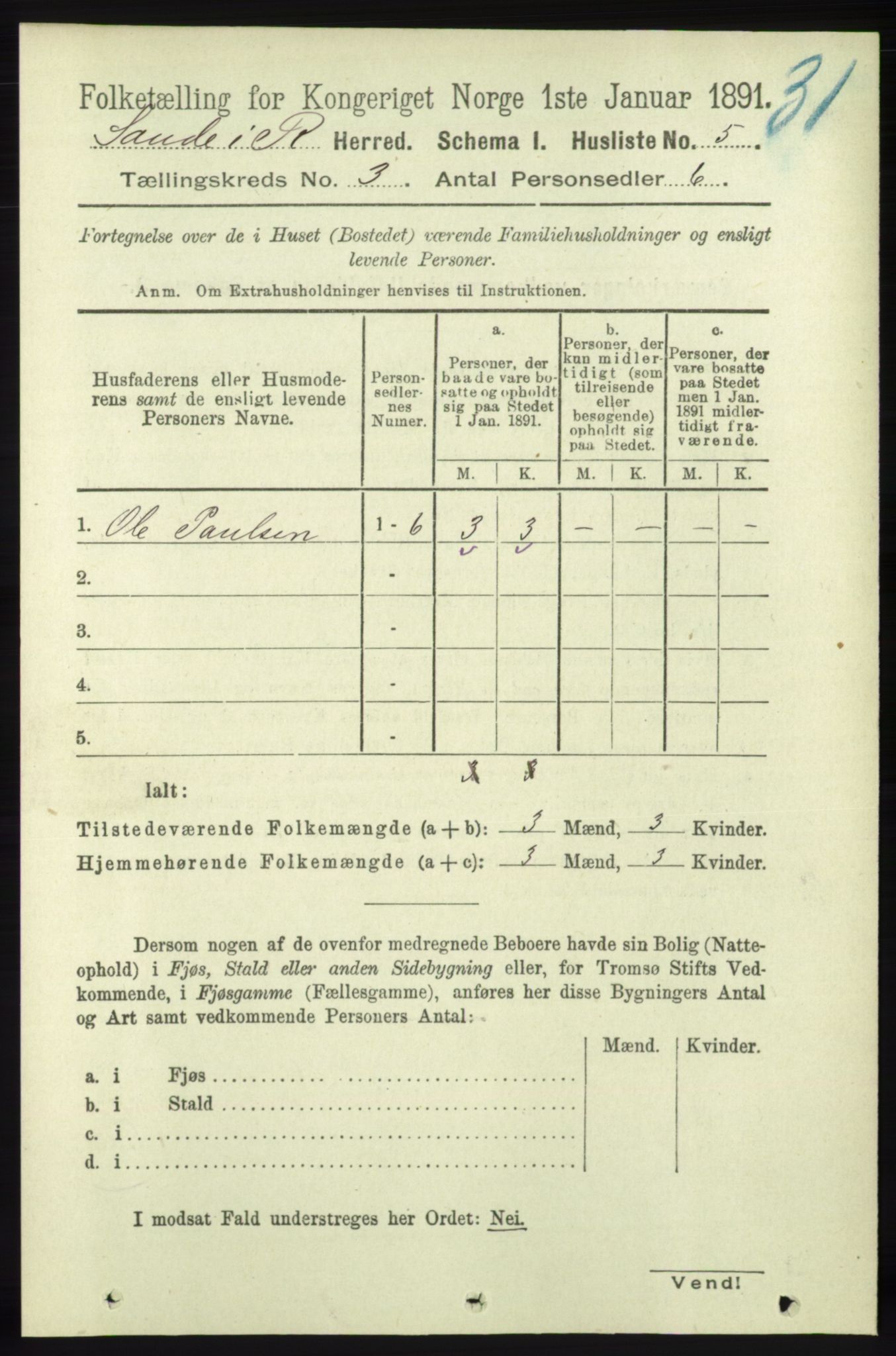 RA, 1891 census for 1135 Sauda, 1891, p. 1153