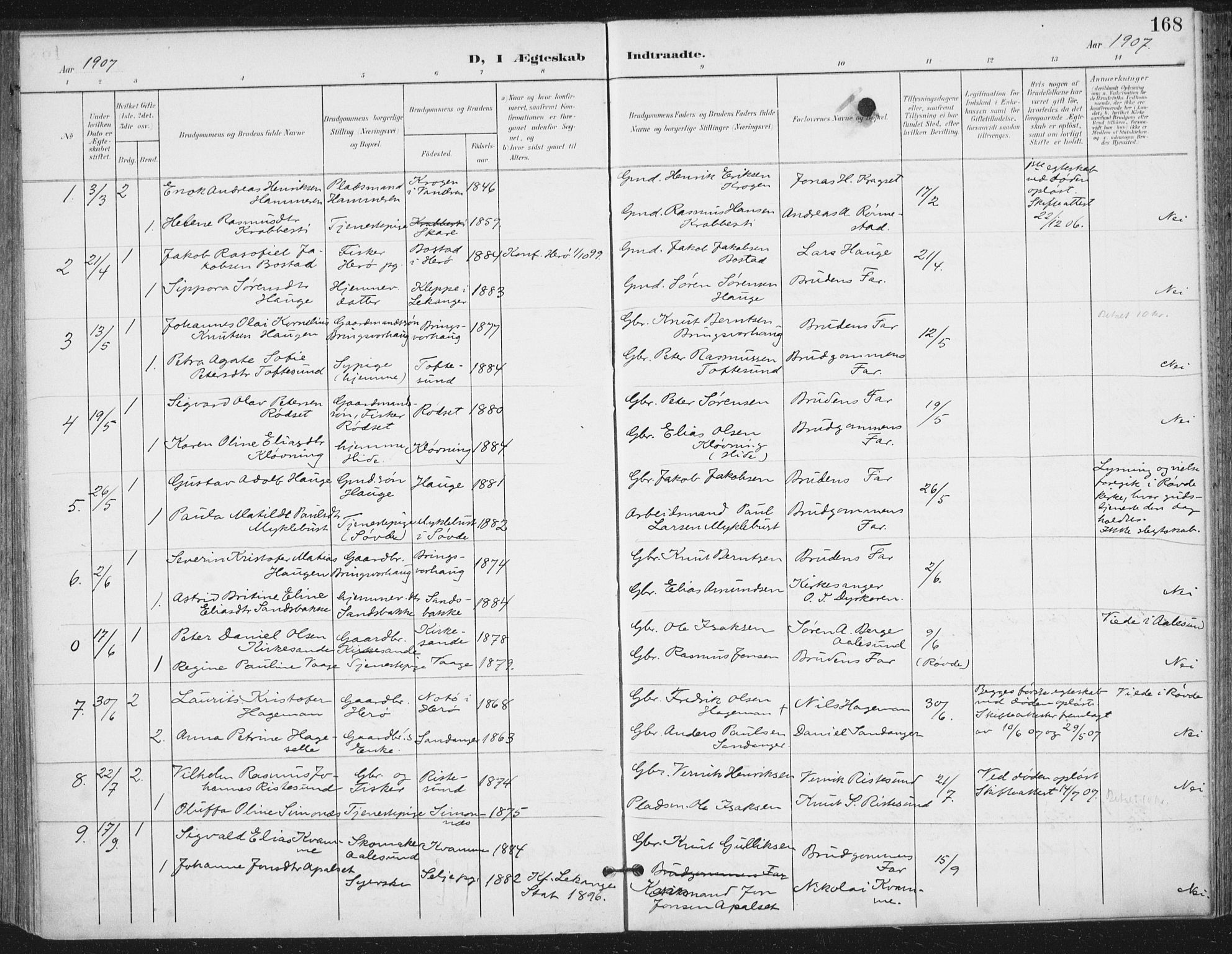 Ministerialprotokoller, klokkerbøker og fødselsregistre - Møre og Romsdal, AV/SAT-A-1454/503/L0038: Parish register (official) no. 503A06, 1901-1917, p. 168