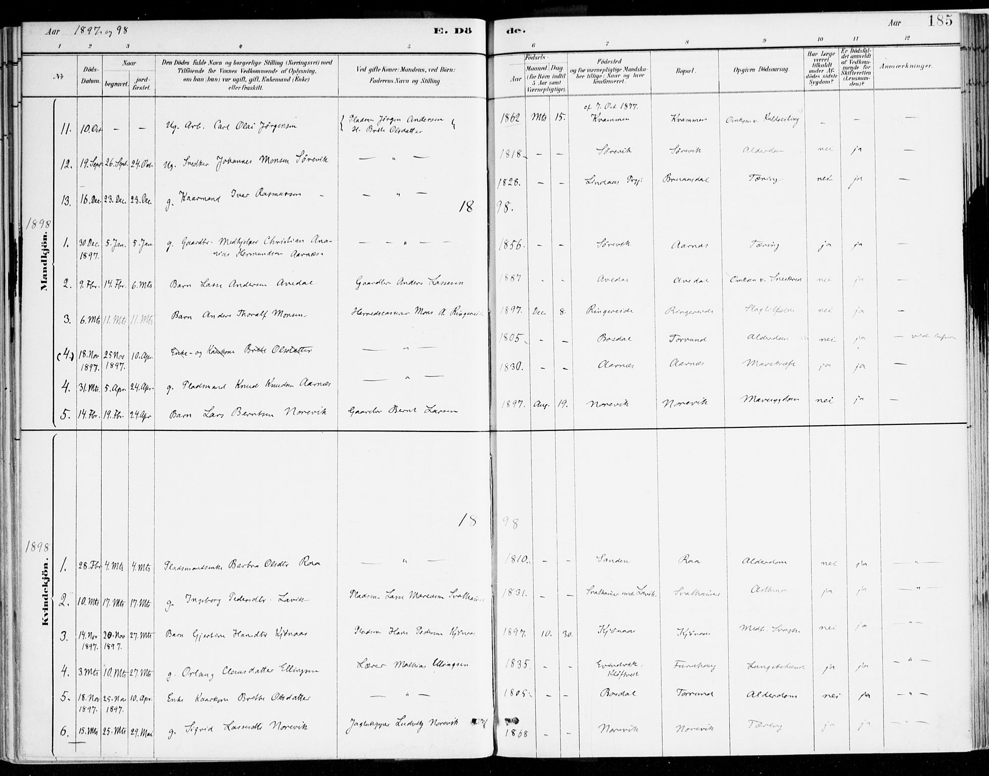 Lavik sokneprestembete, AV/SAB-A-80901: Parish register (official) no. B 1, 1882-1908, p. 185