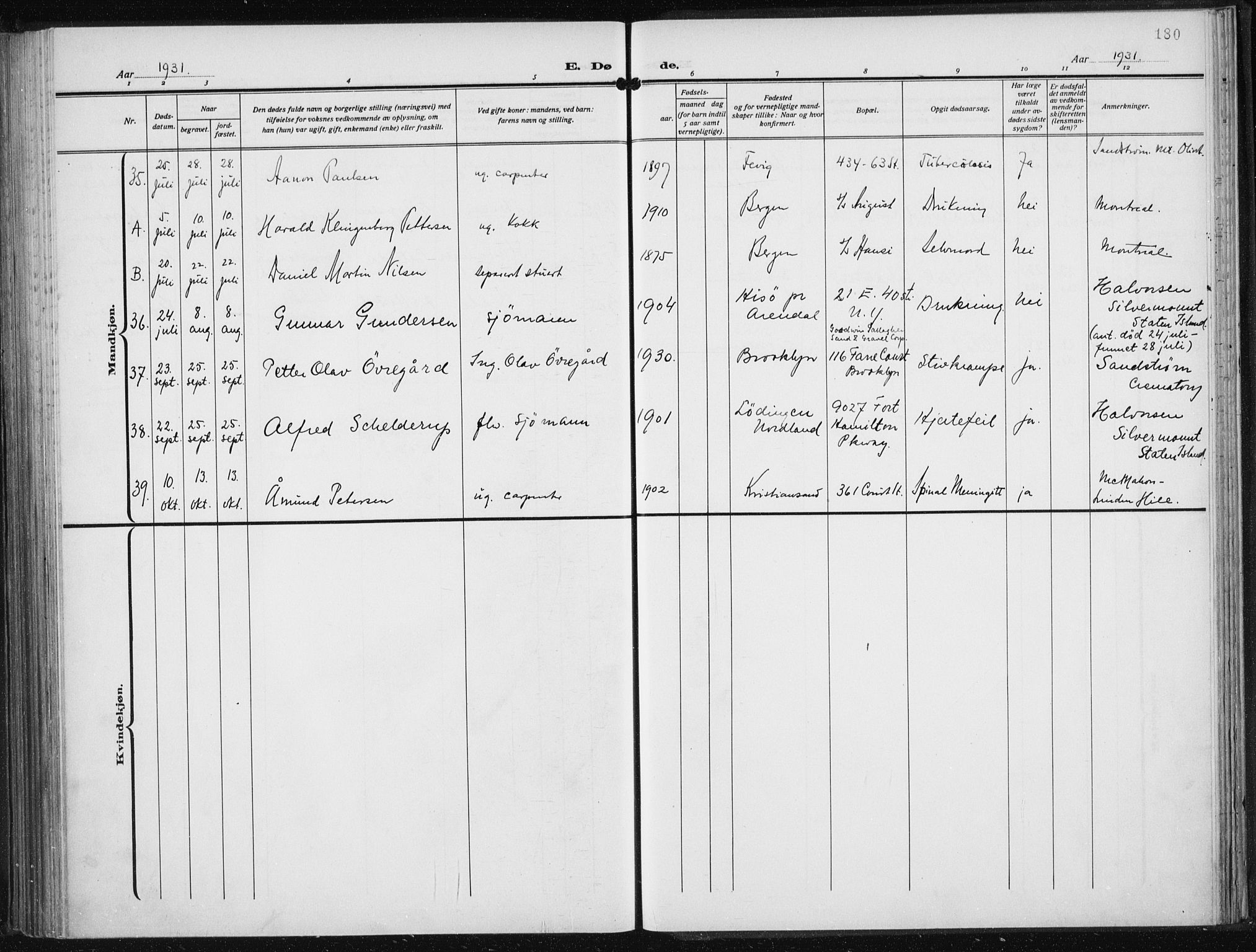 Den norske sjømannsmisjon i utlandet/New York, AV/SAB-SAB/PA-0110/H/Ha/L0008: Parish register (official) no. A 8, 1923-1935, p. 180