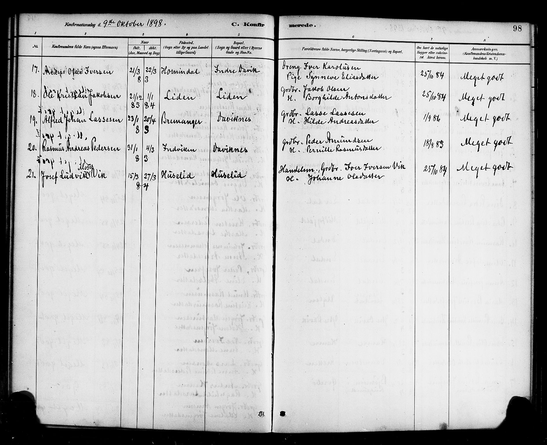 Davik sokneprestembete, AV/SAB-A-79701/H/Haa/Haab/L0001: Parish register (official) no. B 1, 1882-1900, p. 98