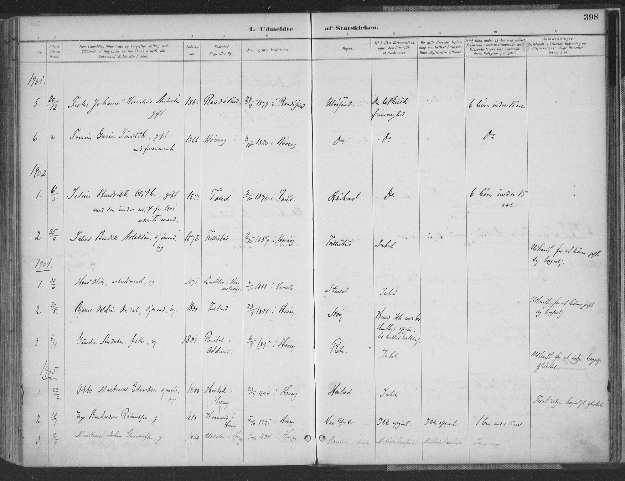 Høvåg sokneprestkontor, AV/SAK-1111-0025/F/Fa/L0006: Parish register (official) no. A 6, 1894-1923, p. 398