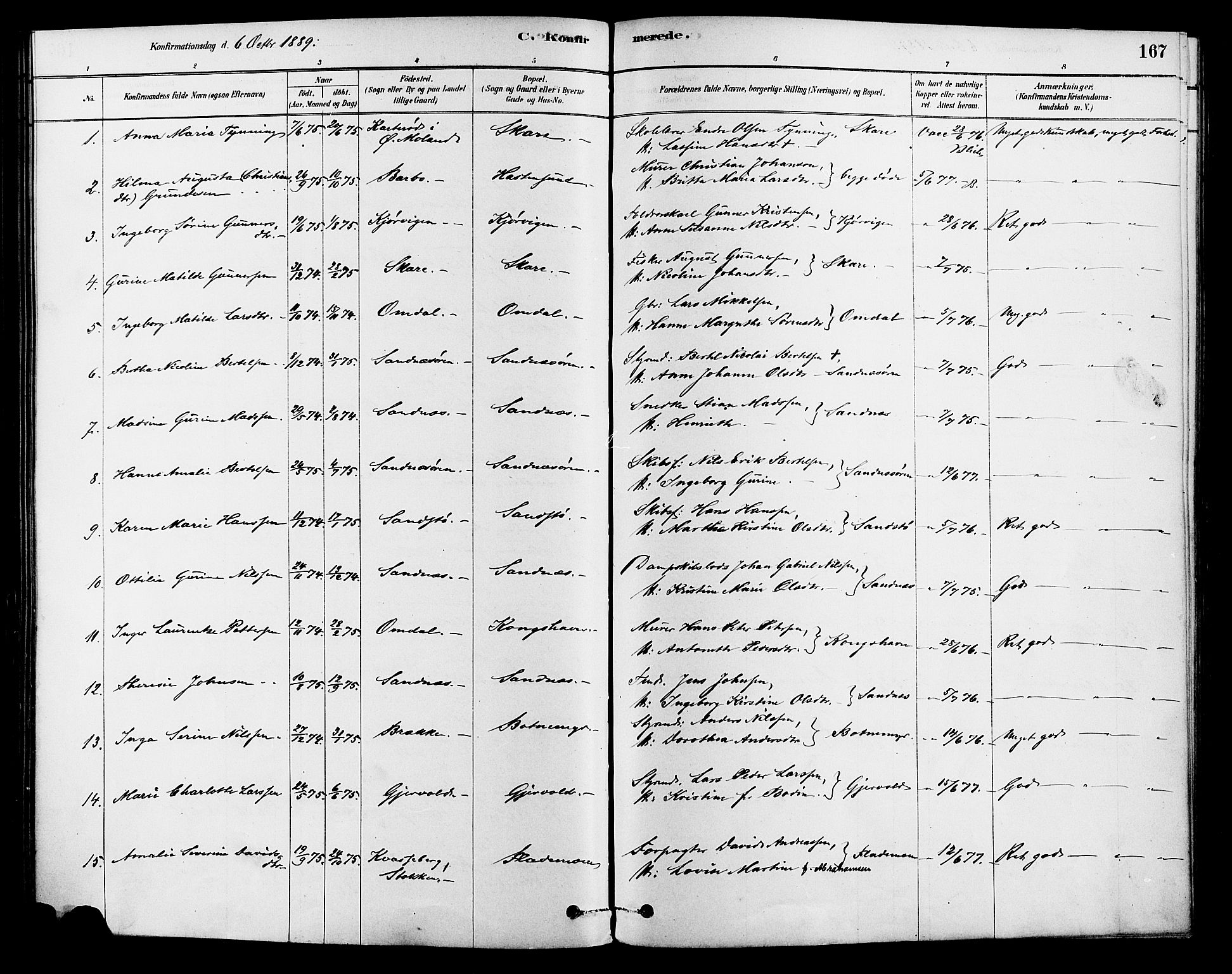 Tromøy sokneprestkontor, SAK/1111-0041/F/Fa/L0009: Parish register (official) no. A 9, 1878-1896, p. 167