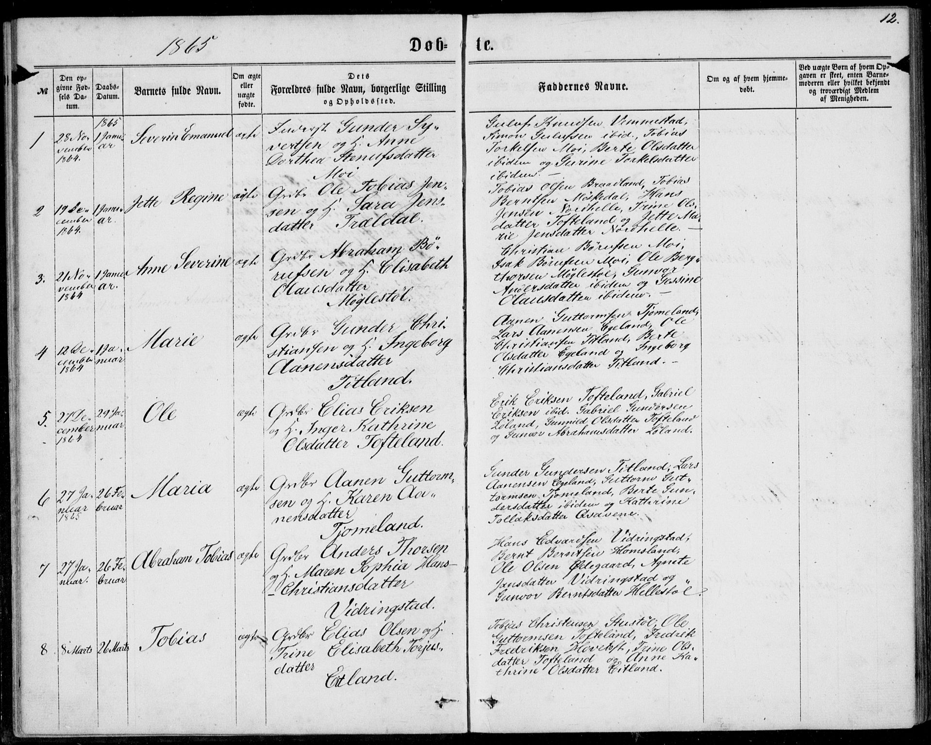 Lyngdal sokneprestkontor, SAK/1111-0029/F/Fa/Fab/L0002: Parish register (official) no. A 2, 1861-1878, p. 12