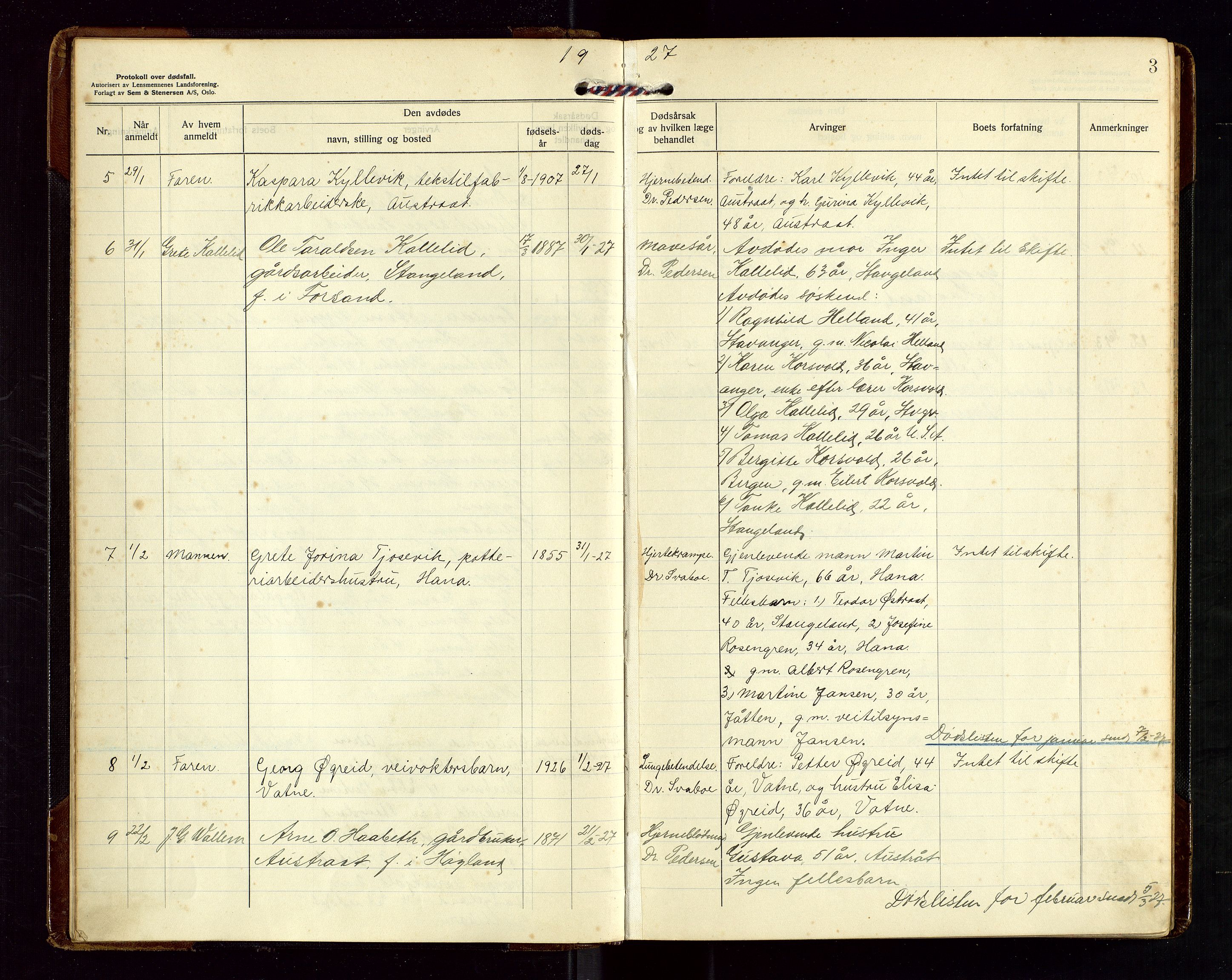 Høyland/Sandnes lensmannskontor, AV/SAST-A-100166/Gga/L0006: "Protkokoll over anmeldte dødsfall i Høylands lensmandsdistrikt", 1926-1937, p. 3