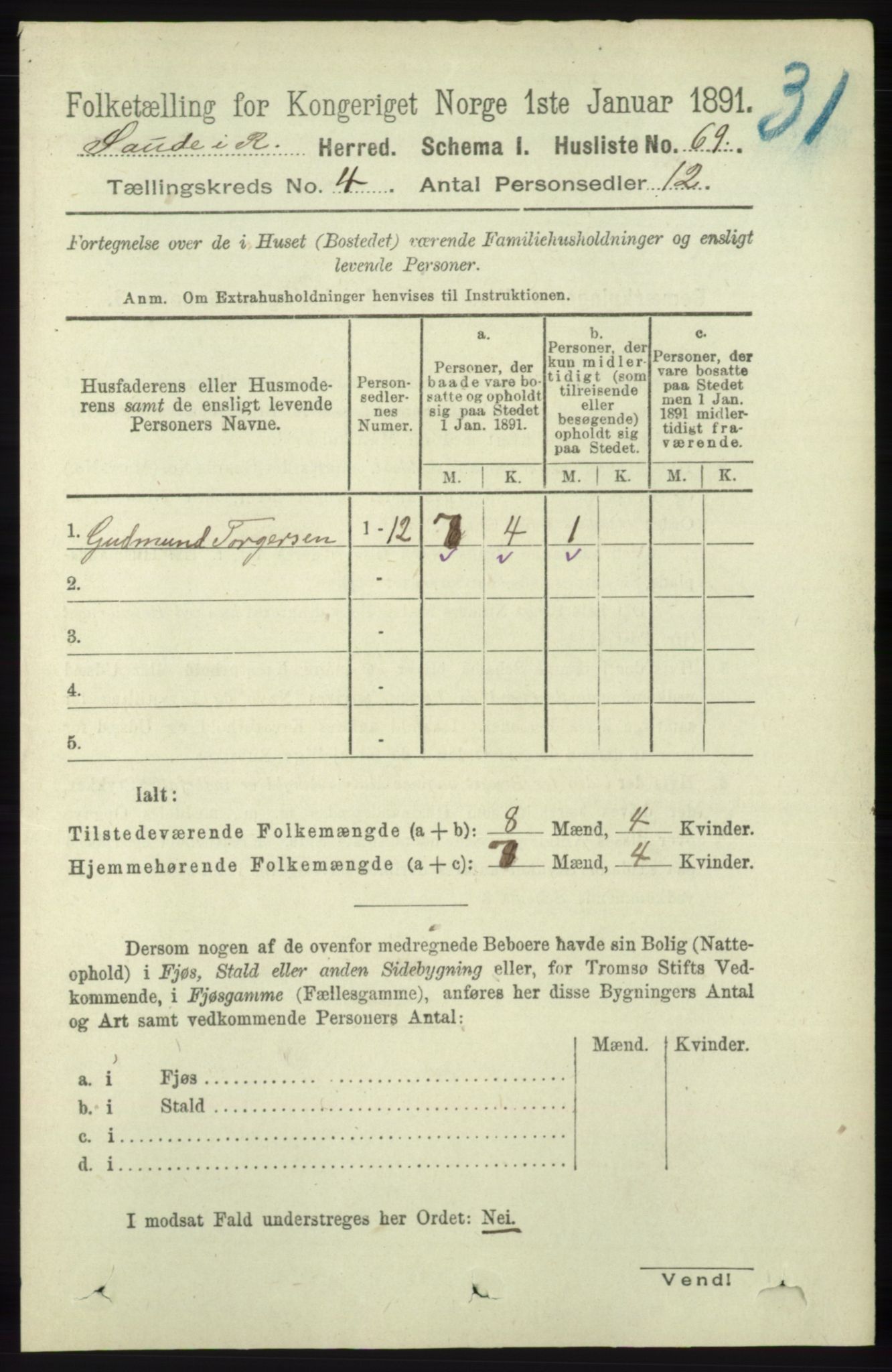 RA, 1891 census for 1135 Sauda, 1891, p. 1809