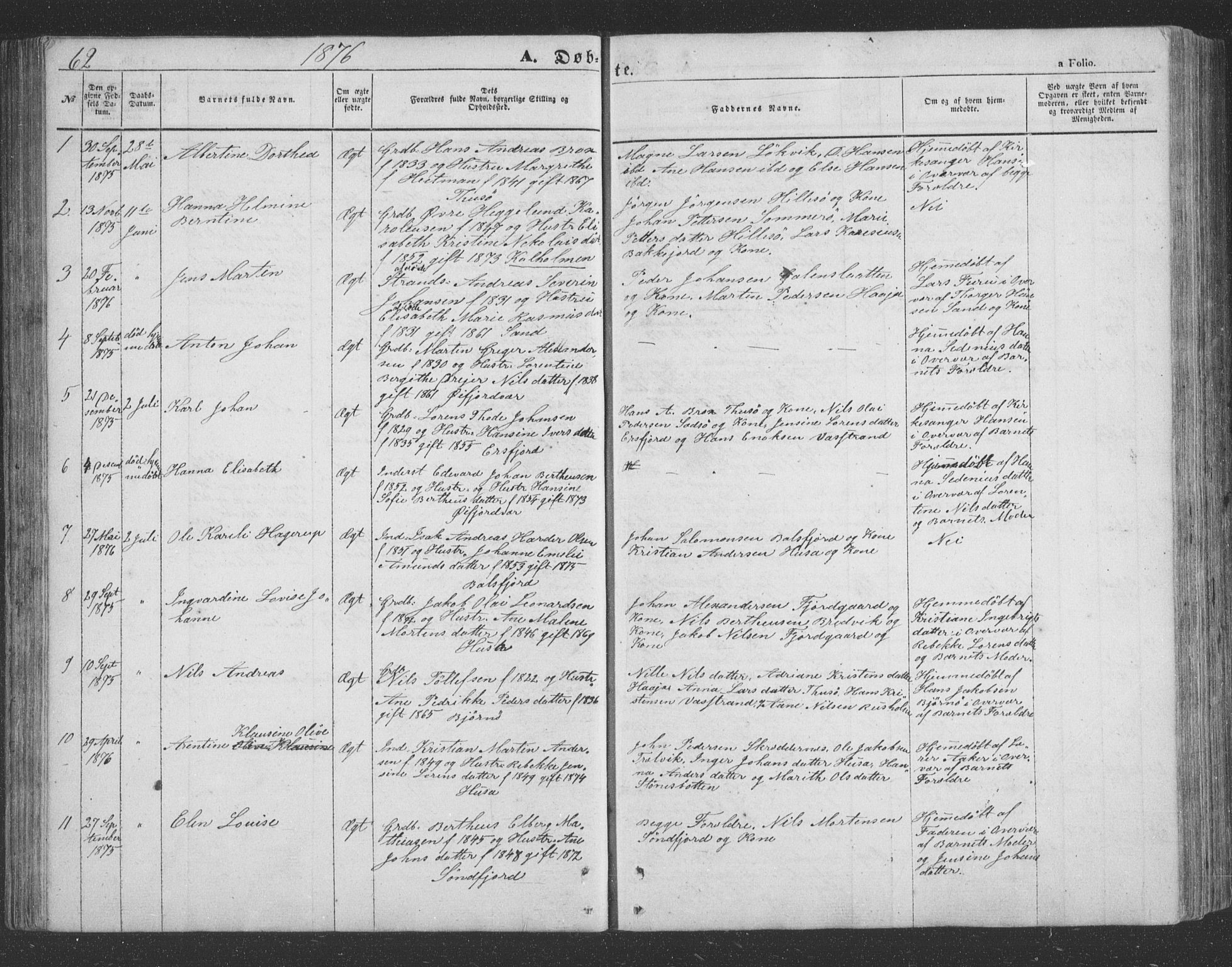 Lenvik sokneprestembete, AV/SATØ-S-1310/H/Ha/Hab/L0020klokker: Parish register (copy) no. 20, 1855-1883, p. 62