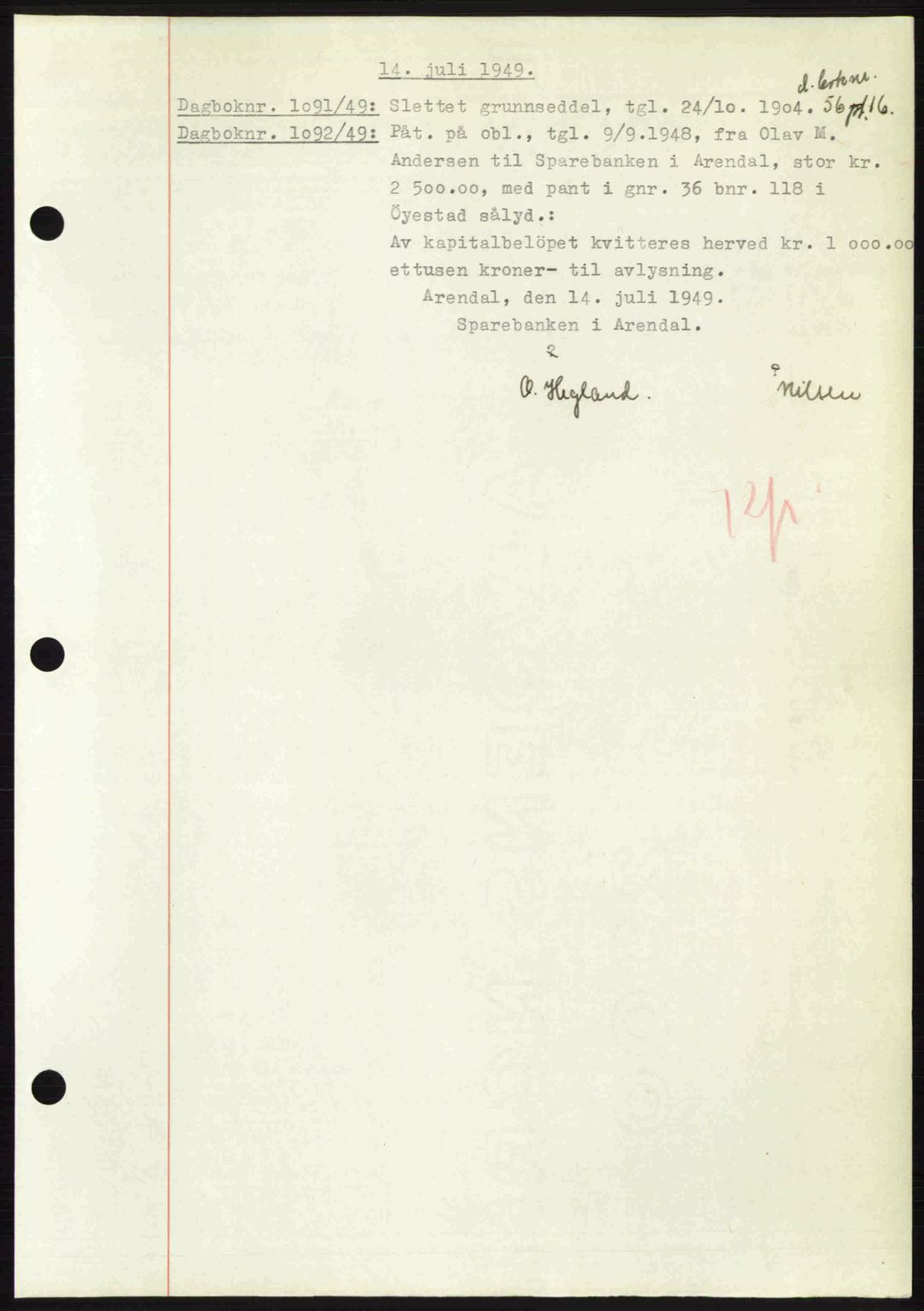 Nedenes sorenskriveri, SAK/1221-0006/G/Gb/Gba/L0061: Mortgage book no. A13, 1949-1949, Diary no: : 1091/1949