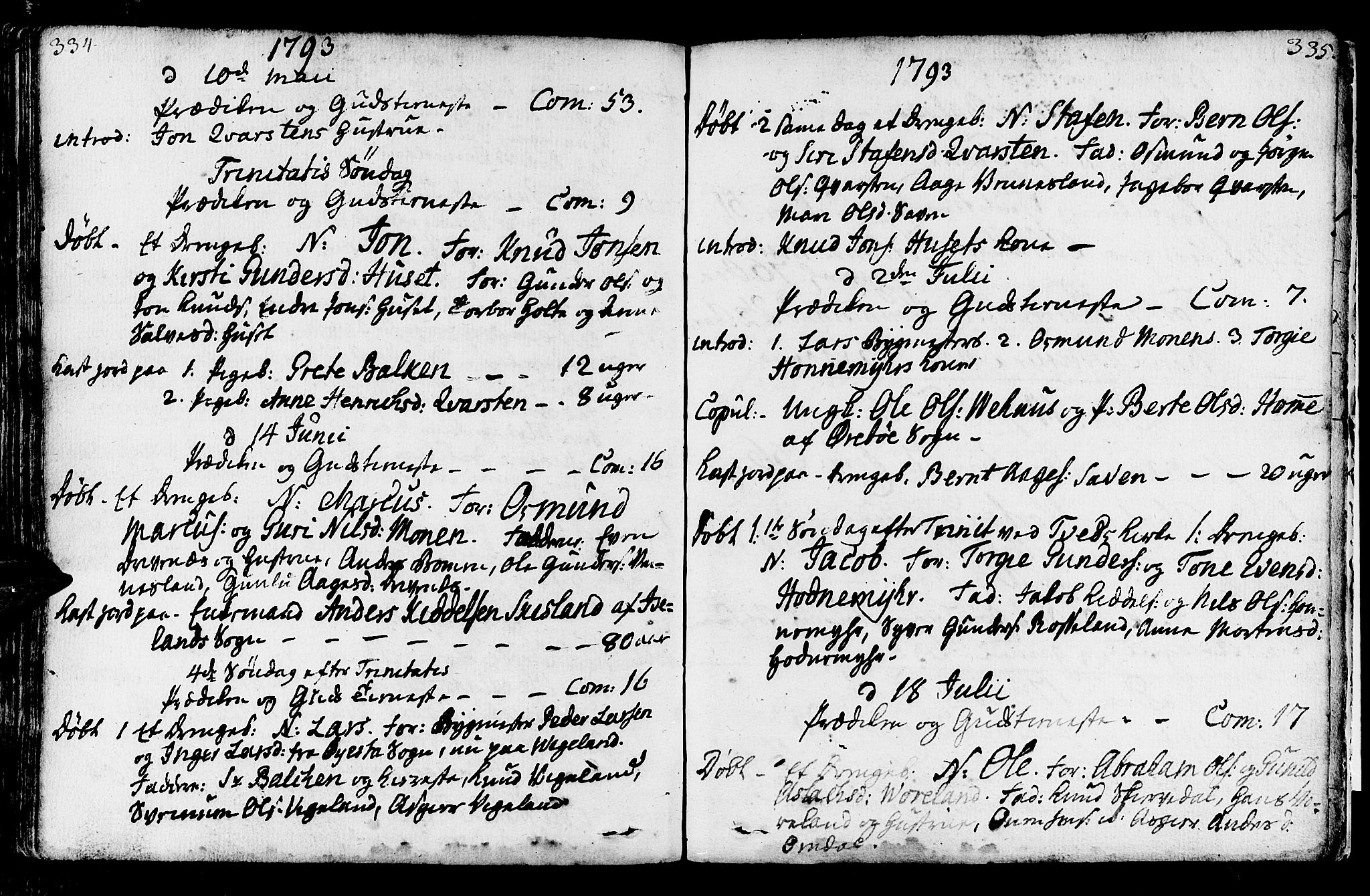 Vennesla sokneprestkontor, AV/SAK-1111-0045/Fa/Fab/L0001: Parish register (official) no. A 1, 1741-1794, p. 334-335