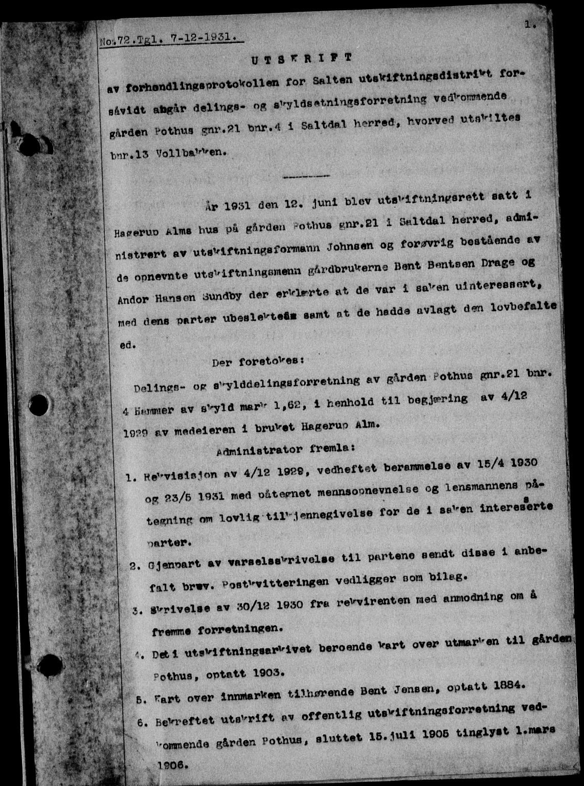 Salten sorenskriveri, AV/SAT-A-4578/1/2/2C/L0061: Mortgage book no. 51, 1931-1932, Deed date: 07.12.1931