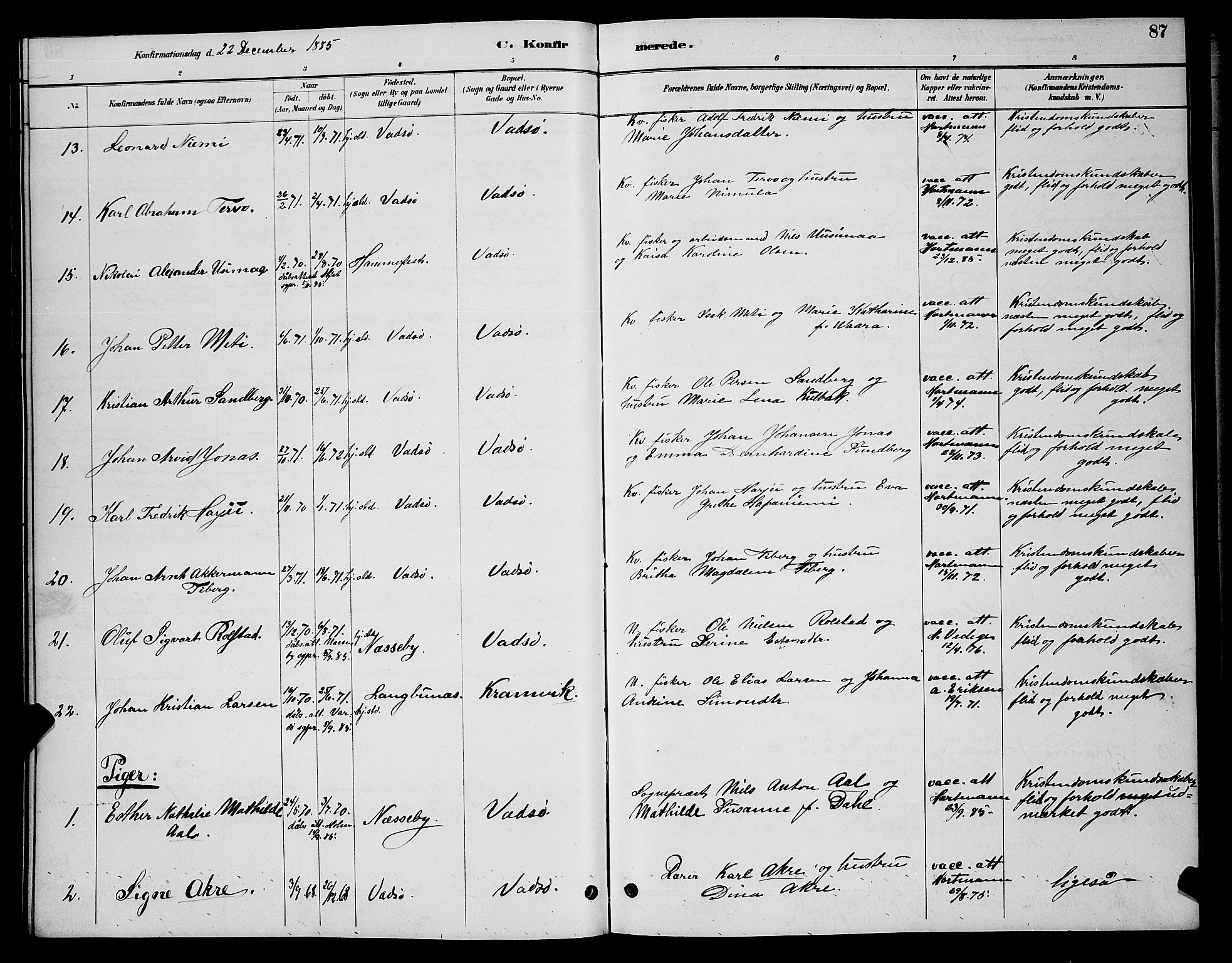 Vadsø sokneprestkontor, AV/SATØ-S-1325/H/Hb/L0004klokker: Parish register (copy) no. 4, 1885-1895, p. 87