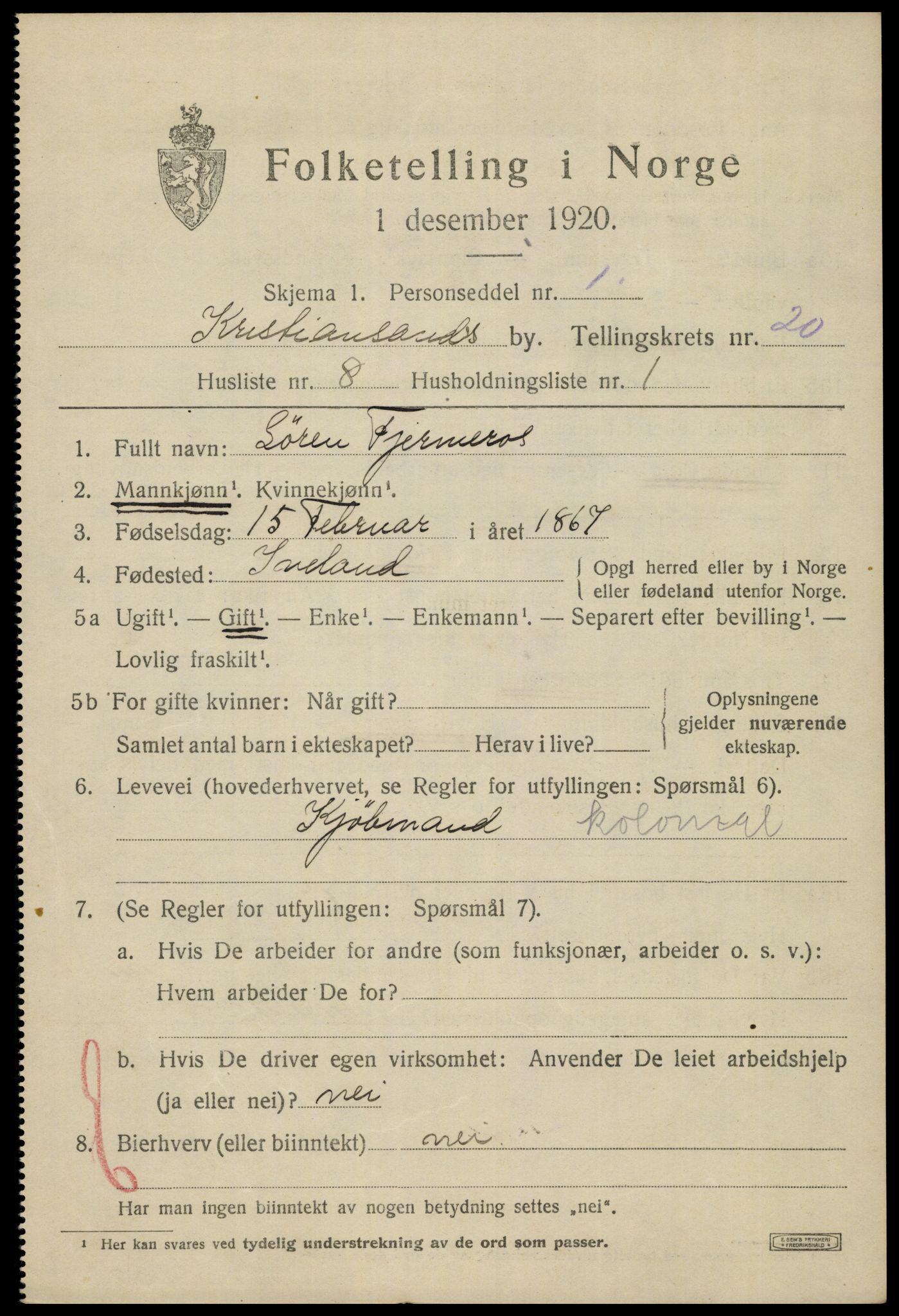 SAK, 1920 census for Kristiansand, 1920, p. 35857