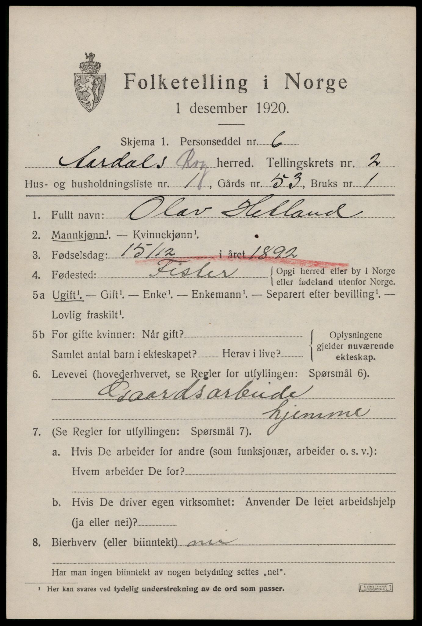 SAST, 1920 census for Årdal, 1920, p. 604