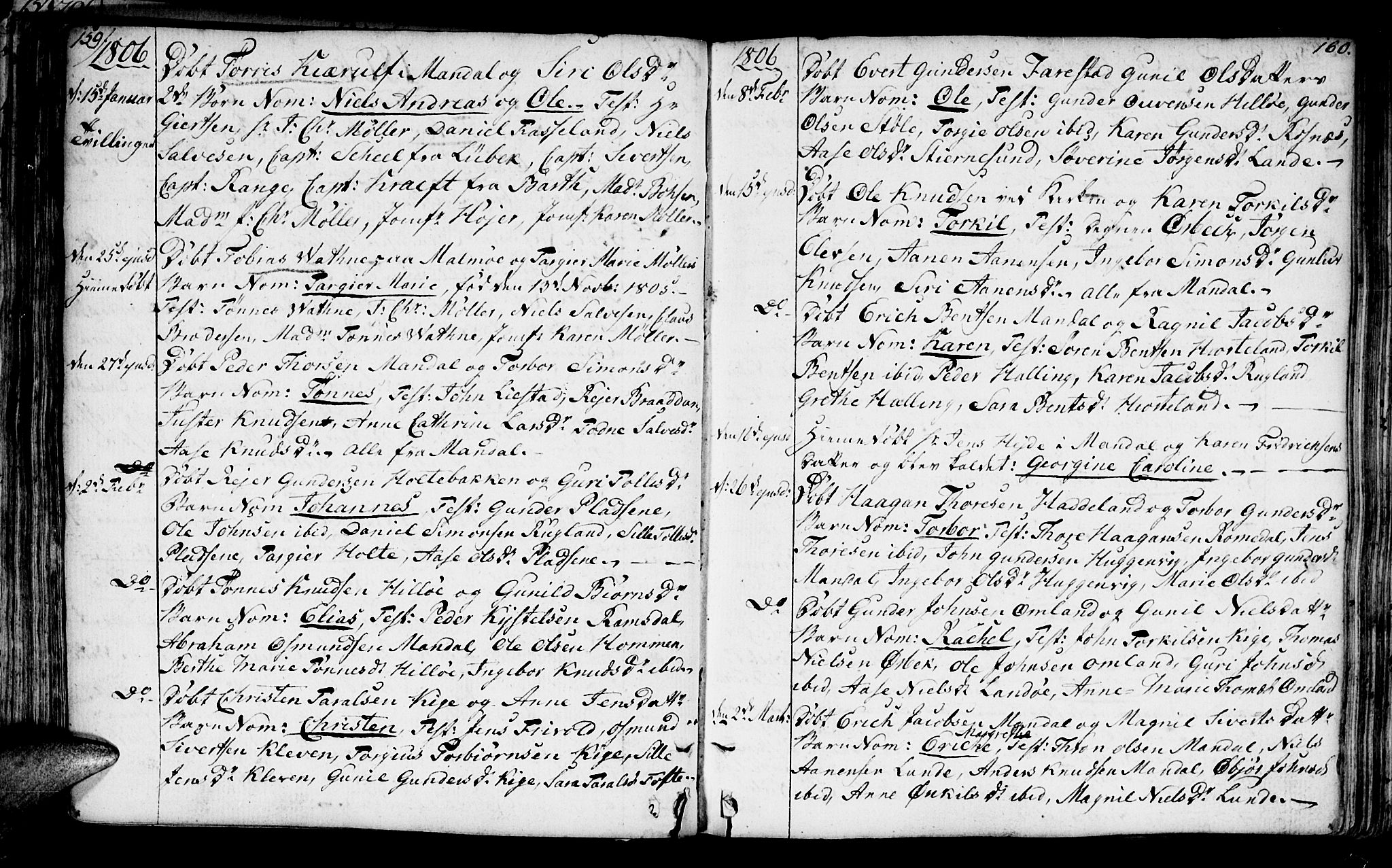 Mandal sokneprestkontor, SAK/1111-0030/F/Fa/Faa/L0008: Parish register (official) no. A 8, 1794-1817, p. 159-160