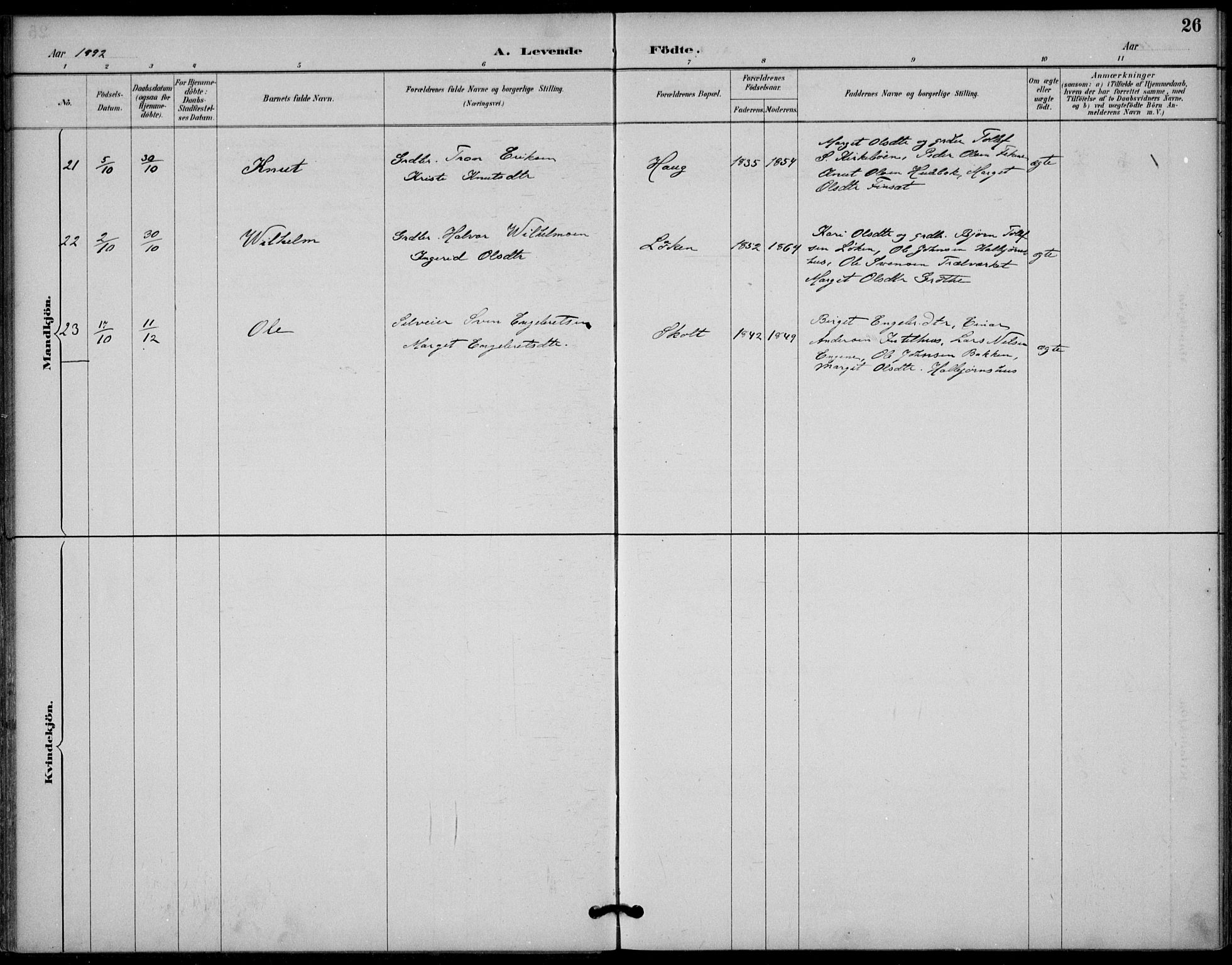 Gol kirkebøker, AV/SAKO-A-226/F/Fb/L0001: Parish register (official) no. II 1, 1887-1900, p. 26