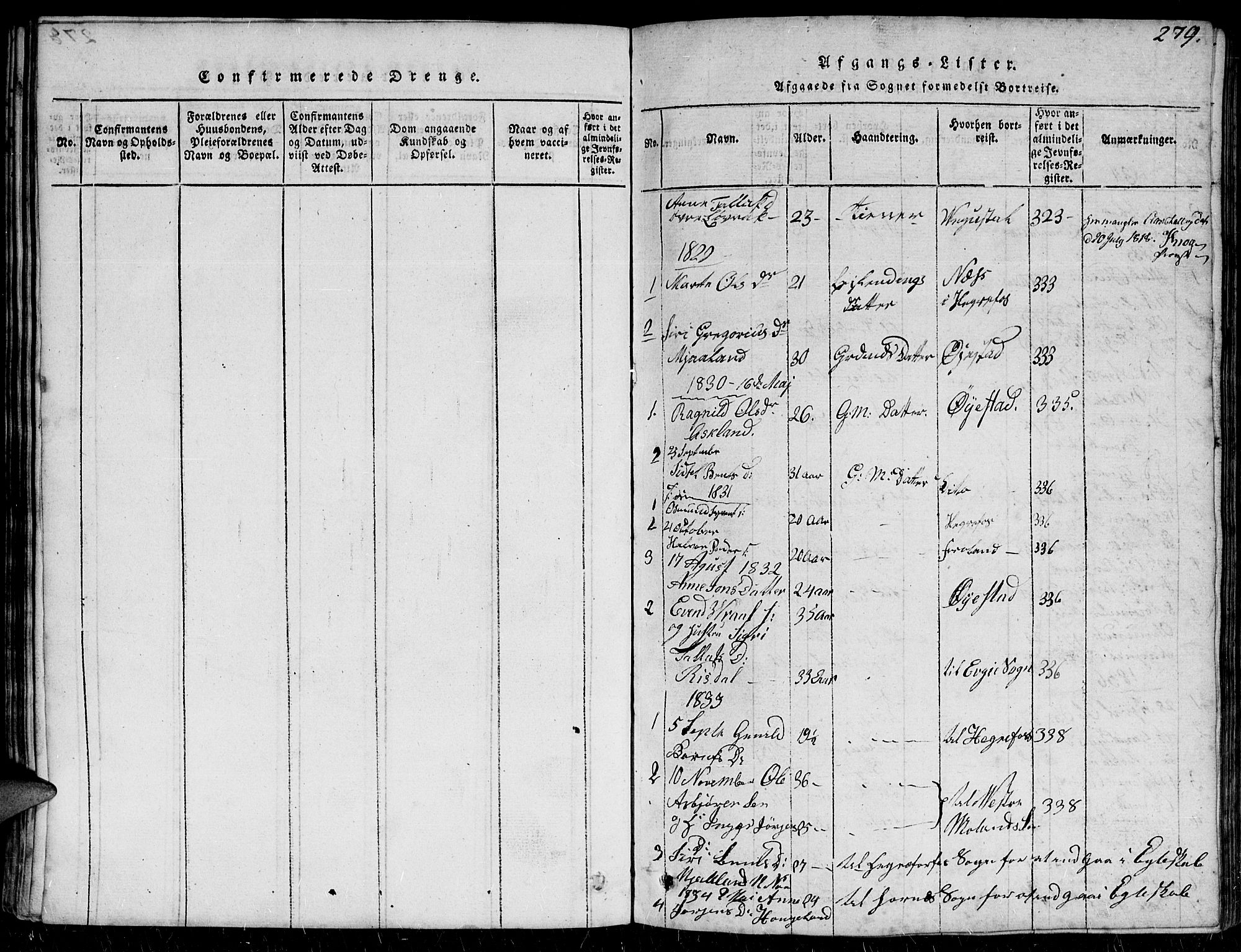 Herefoss sokneprestkontor, SAK/1111-0019/F/Fb/Fbc/L0001: Parish register (copy) no. B 1, 1816-1866, p. 279