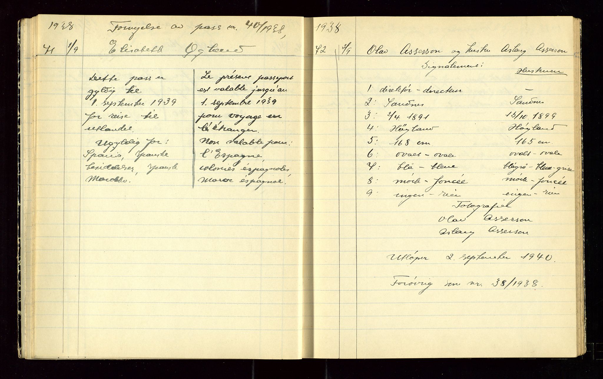 Sandnes politikammer, AV/SAST-A-100446/K/L0006: Passprotokoll, 1938-1943, p. 19
