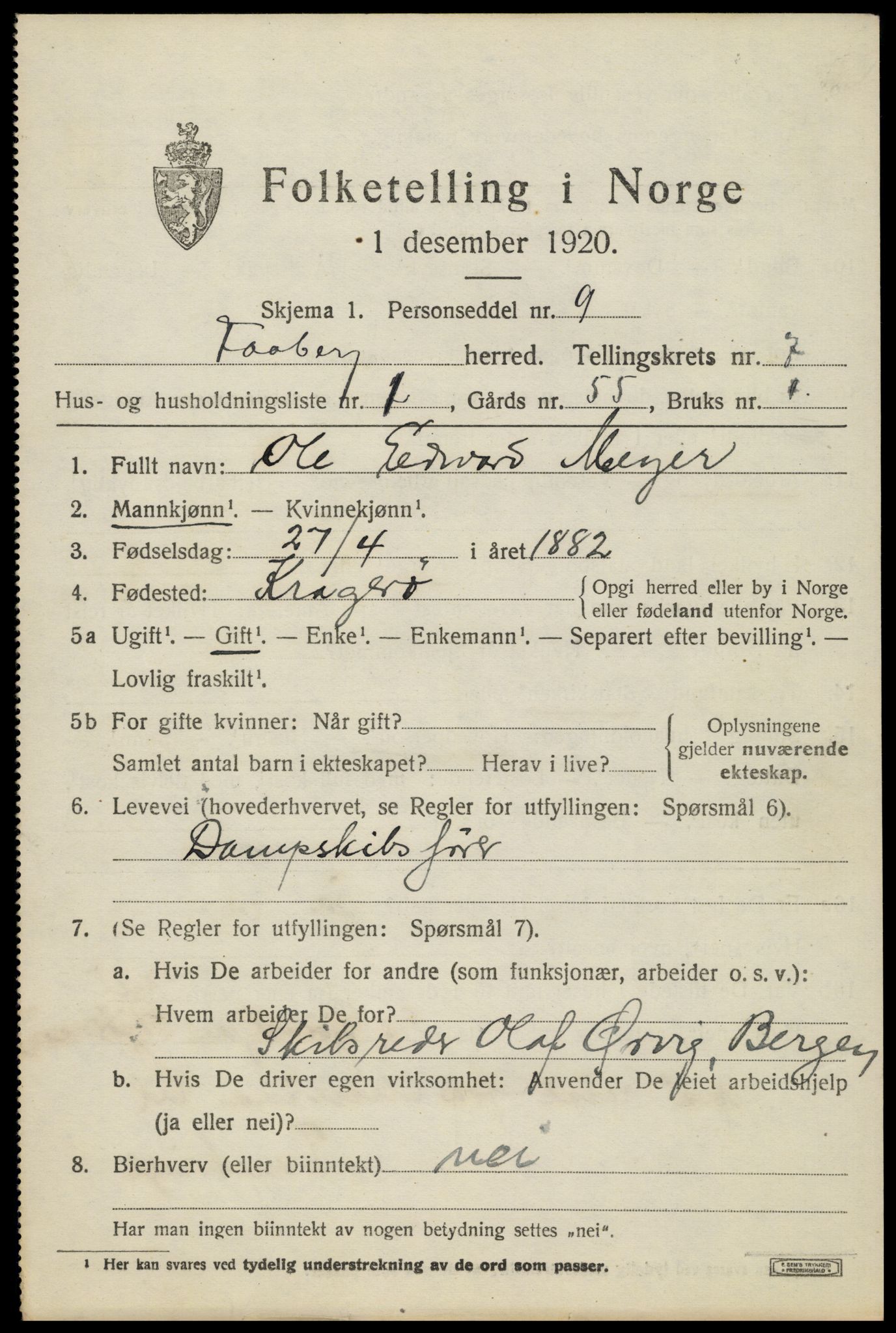 SAH, 1920 census for Fåberg, 1920, p. 7646