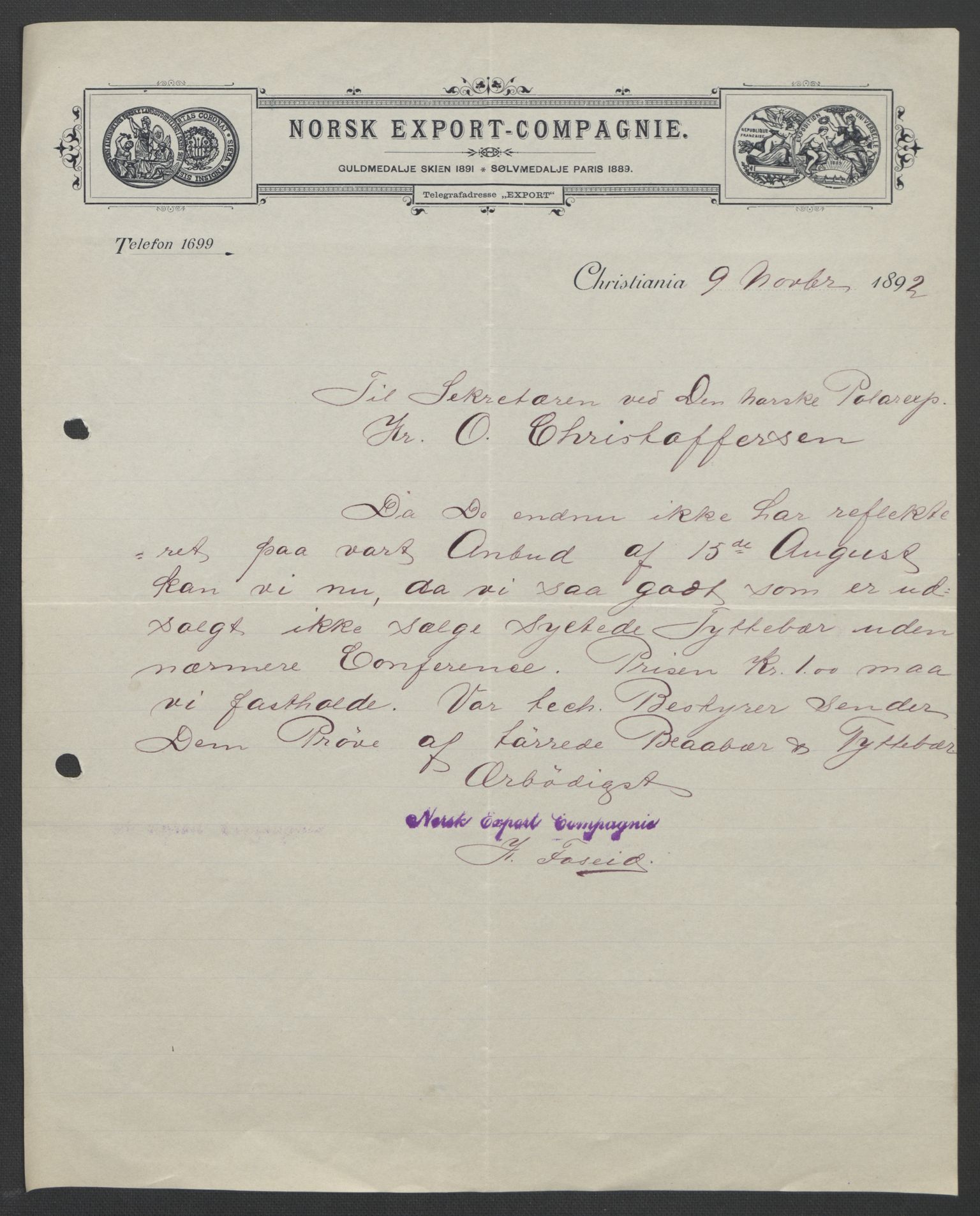 Arbeidskomitéen for Fridtjof Nansens polarekspedisjon, AV/RA-PA-0061/D/L0004: Innk. brev og telegrammer vedr. proviant og utrustning, 1892-1893, p. 167