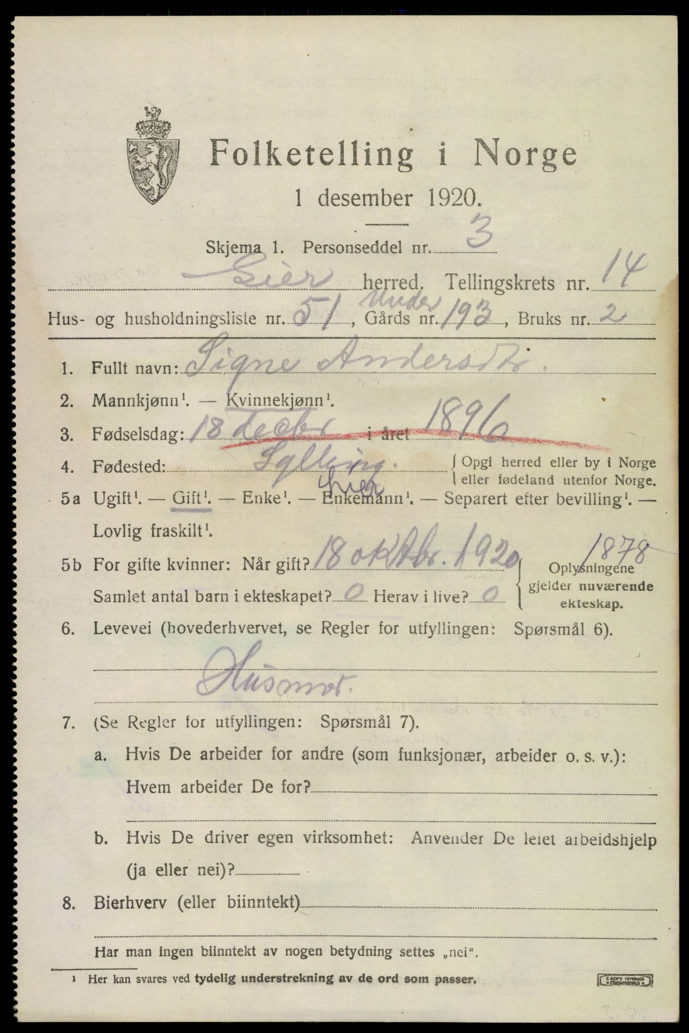 SAKO, 1920 census for Lier, 1920, p. 22608