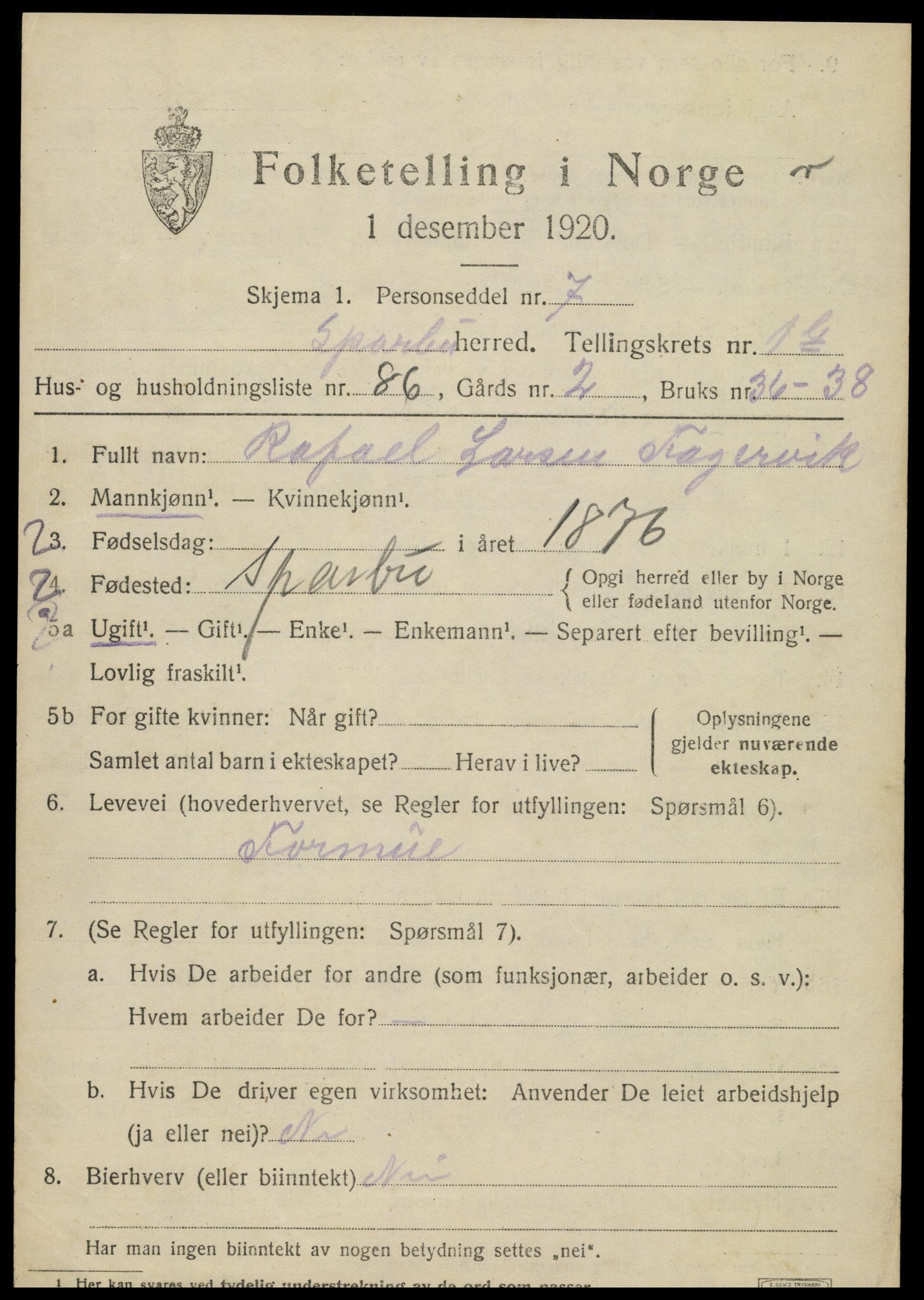 SAT, 1920 census for Sparbu, 1920, p. 3209