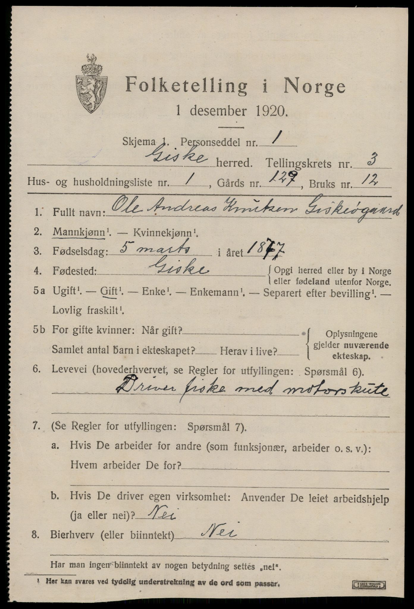 SAT, 1920 census for Giske, 1920, p. 1660