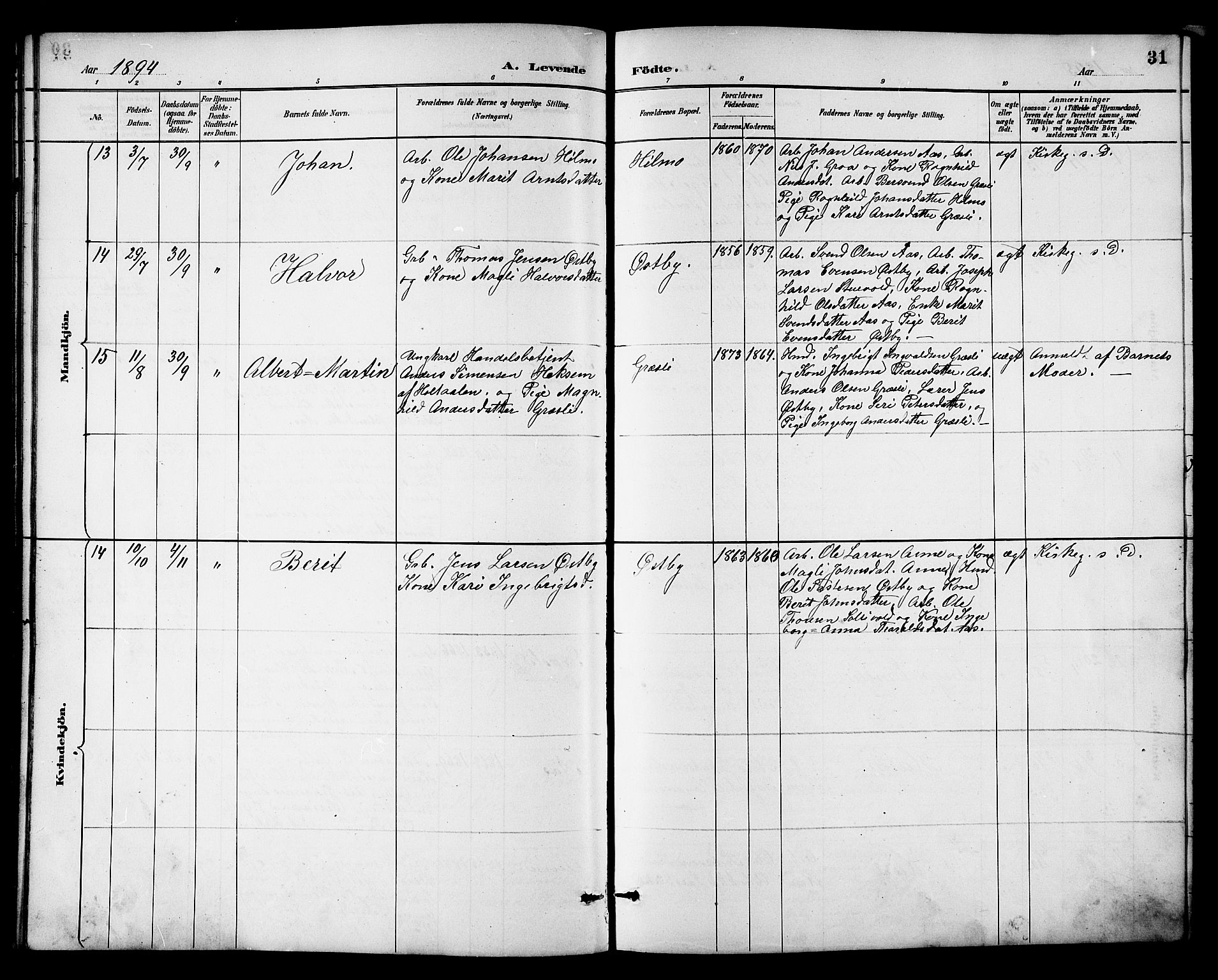 Ministerialprotokoller, klokkerbøker og fødselsregistre - Sør-Trøndelag, SAT/A-1456/698/L1167: Parish register (copy) no. 698C04, 1888-1907, p. 31
