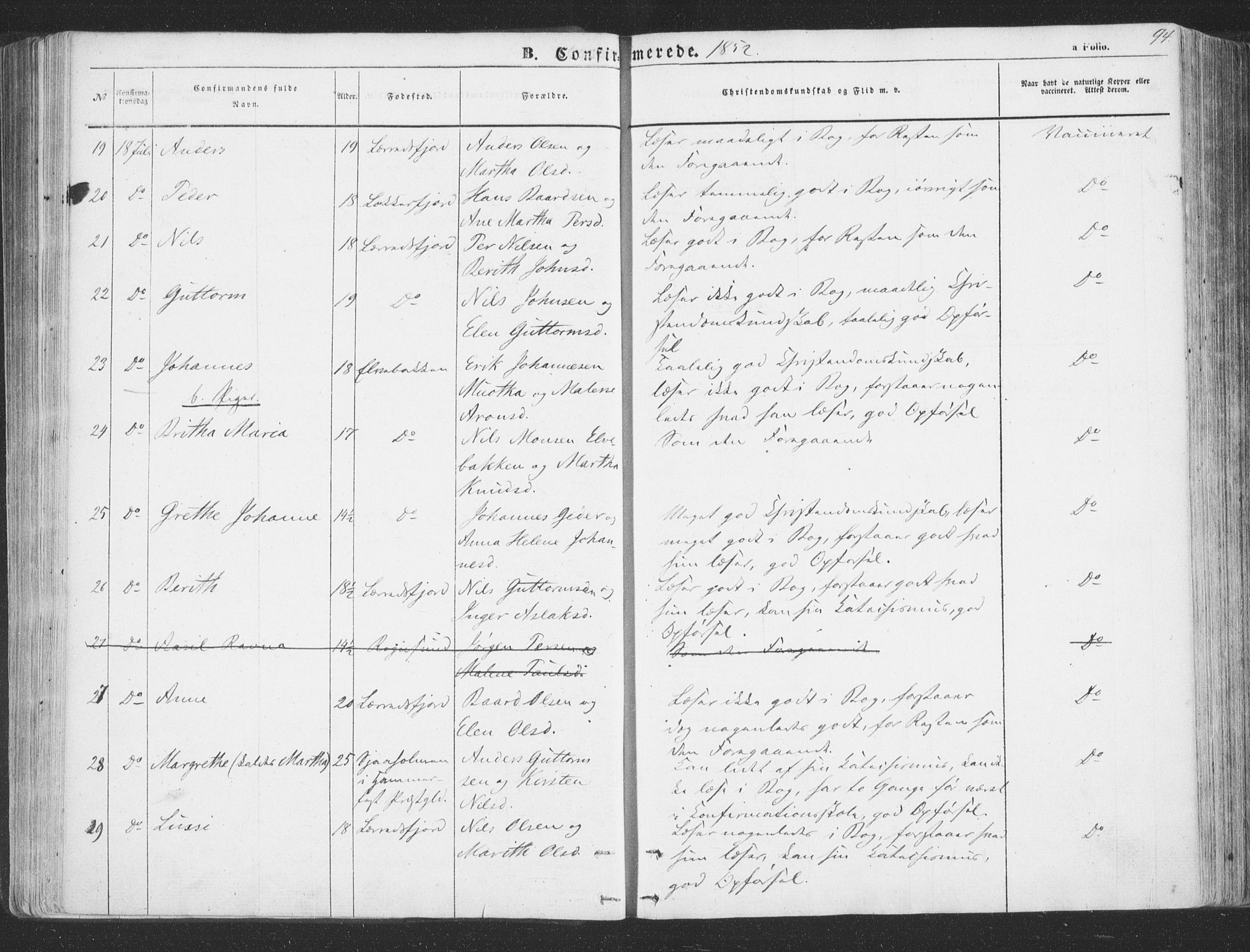 Talvik sokneprestkontor, SATØ/S-1337/H/Ha/L0010kirke: Parish register (official) no. 10, 1852-1864, p. 94