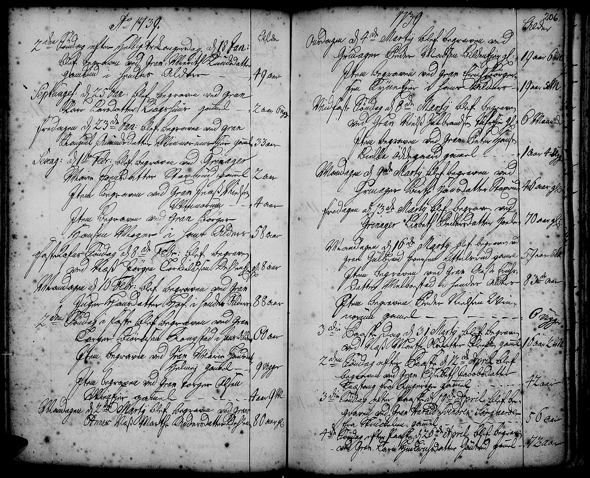 Gran prestekontor, SAH/PREST-112/H/Ha/Haa/L0002: Parish register (official) no. 2, 1732-1744, p. 206