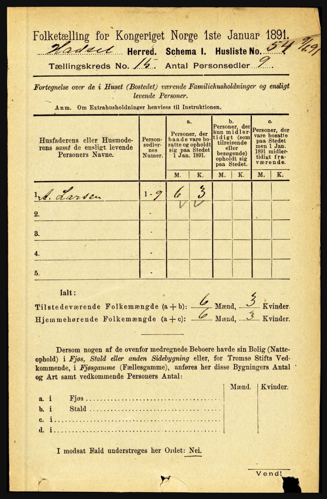 RA, 1891 census for 1866 Hadsel, 1891, p. 6817