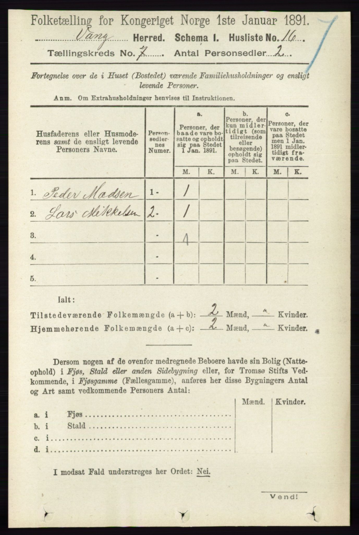 RA, 1891 census for 0414 Vang, 1891, p. 4935