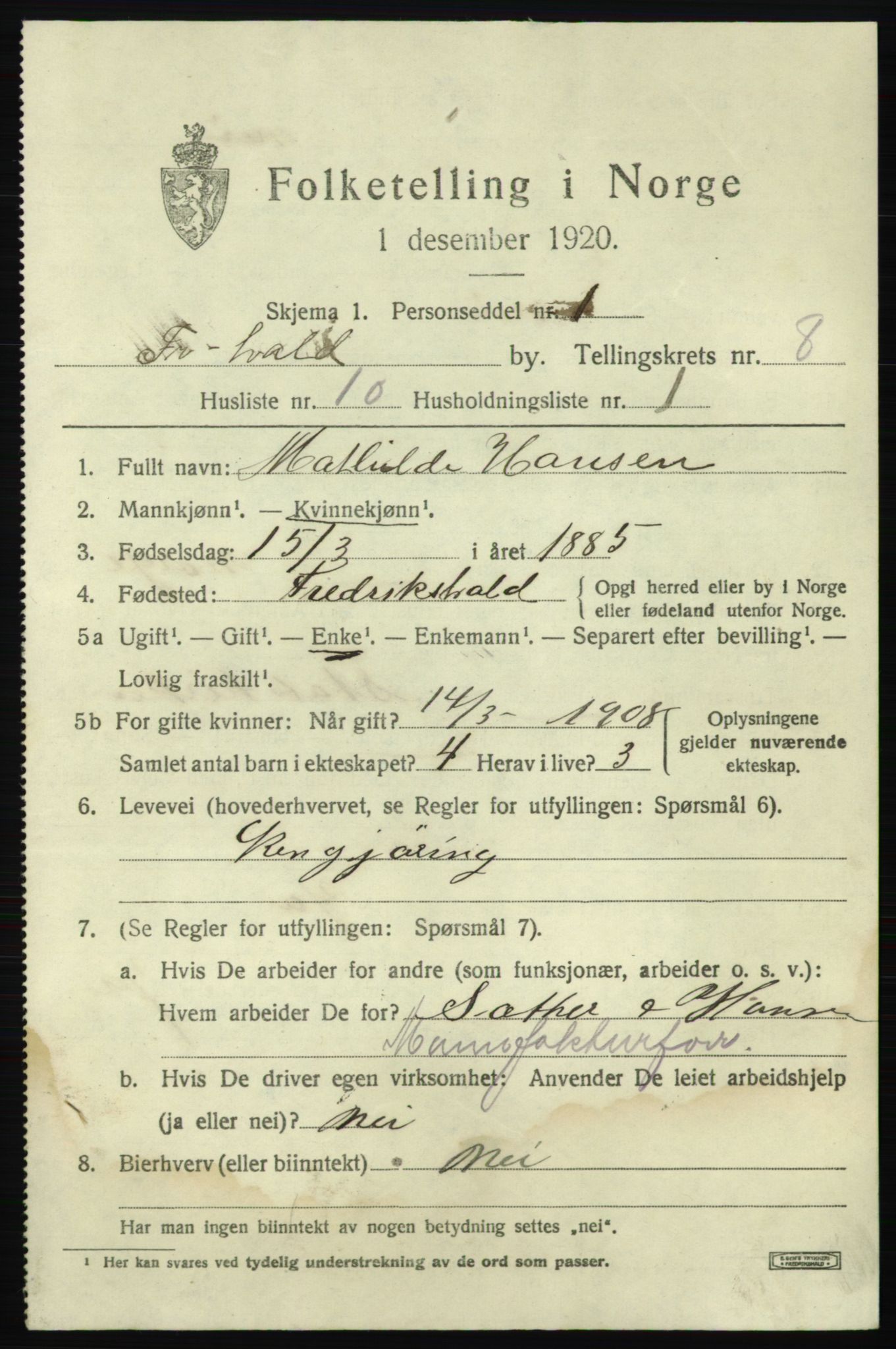 SAO, 1920 census for Fredrikshald, 1920, p. 14855