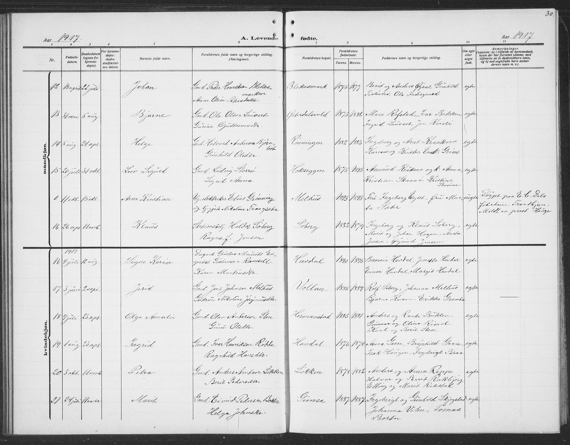 Ministerialprotokoller, klokkerbøker og fødselsregistre - Sør-Trøndelag, AV/SAT-A-1456/691/L1095: Parish register (copy) no. 691C06, 1912-1933, p. 30