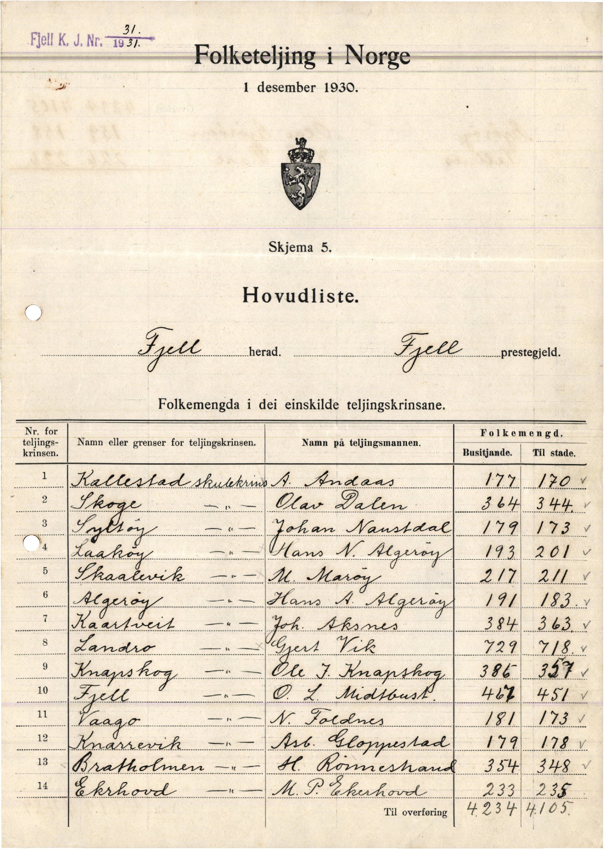 Fjell kommune. Formannskapet, IKAH/1246-021/D/Db/L0004/0002: Korrespondanse / Folketeljing. Teljingsstyret, 1931