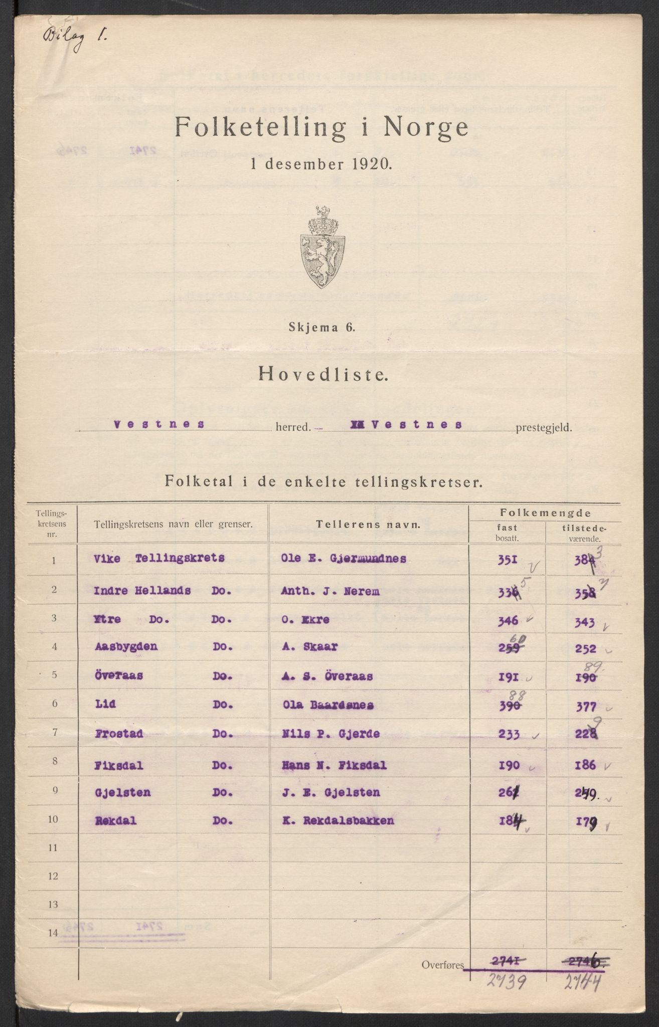 SAT, 1920 census for Vestnes, 1920, p. 4