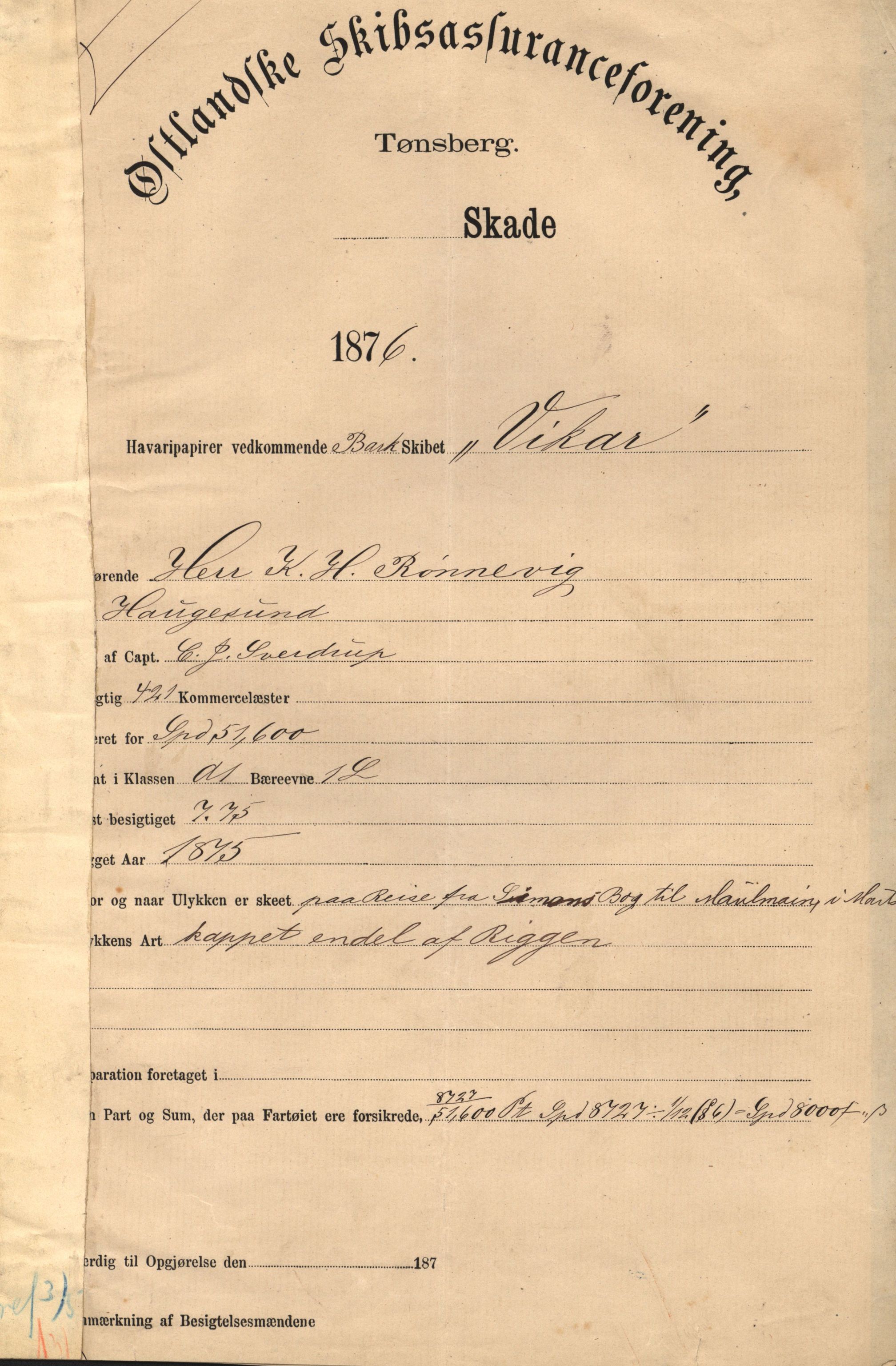 Pa 63 - Østlandske skibsassuranceforening, VEMU/A-1079/G/Ga/L0008/0023: Havaridokumenter / Vikar, 1876