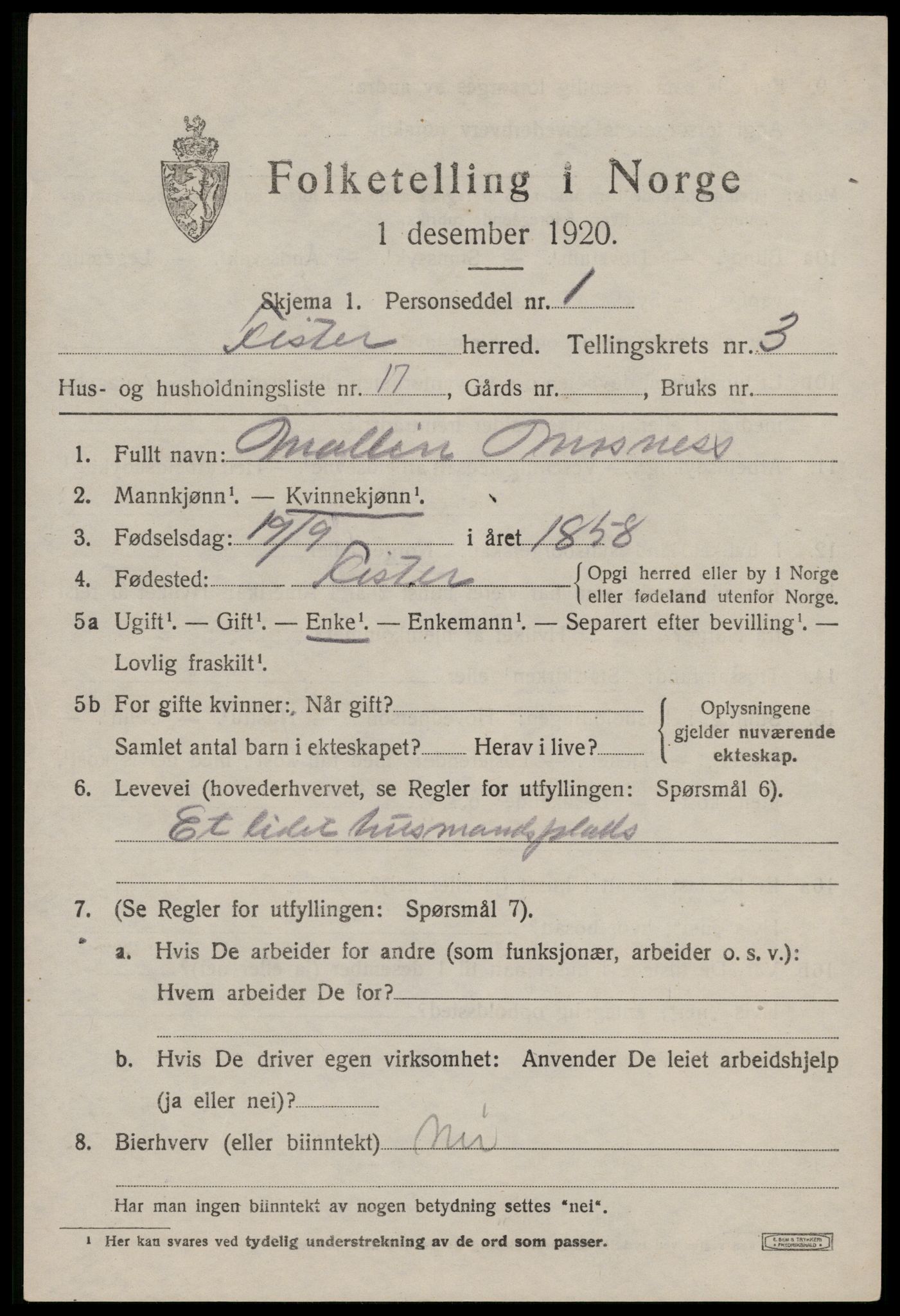 SAST, 1920 census for Fister, 1920, p. 1107