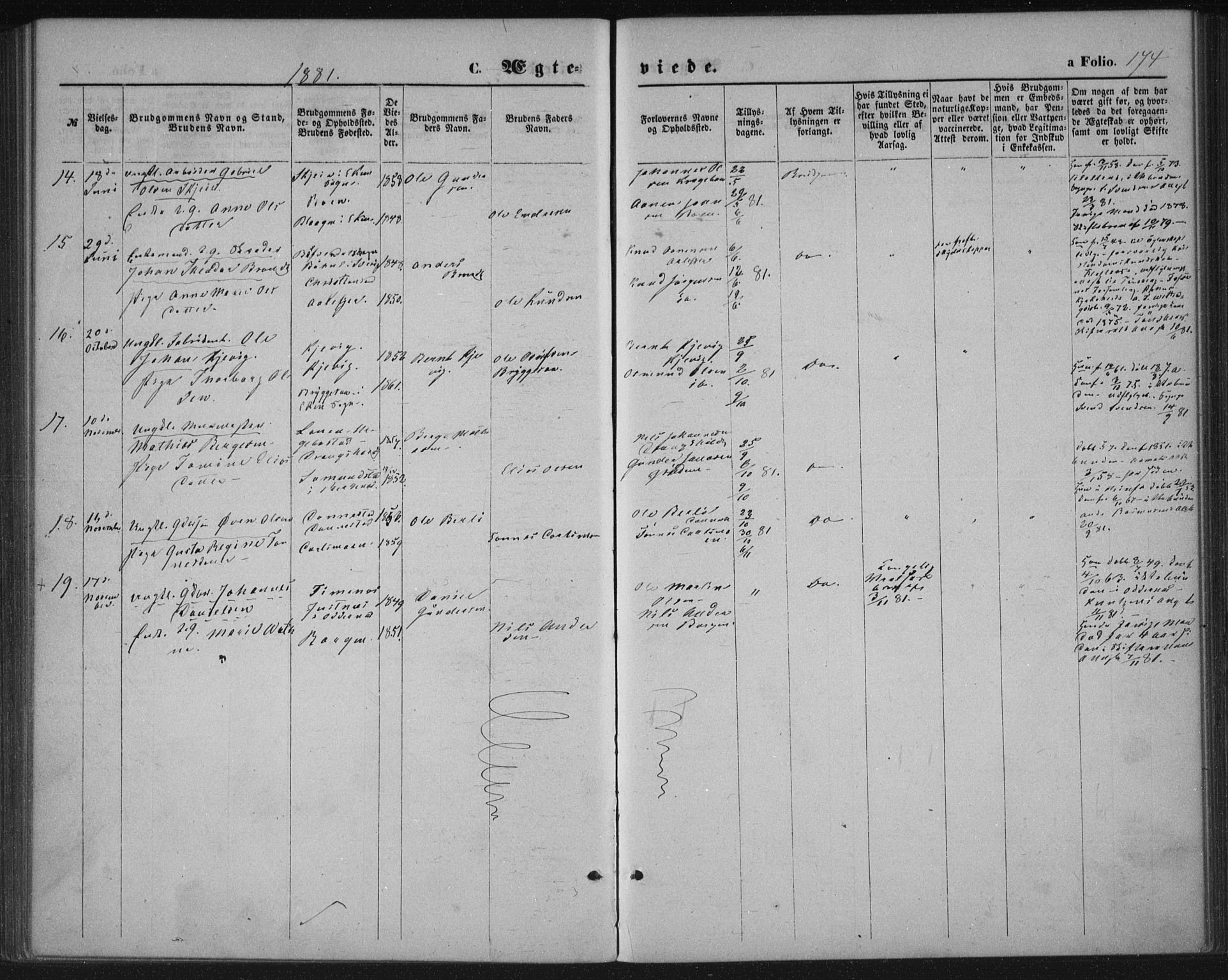 Tveit sokneprestkontor, AV/SAK-1111-0043/F/Fa/L0006: Parish register (official) no. A 6, 1872-1886, p. 174