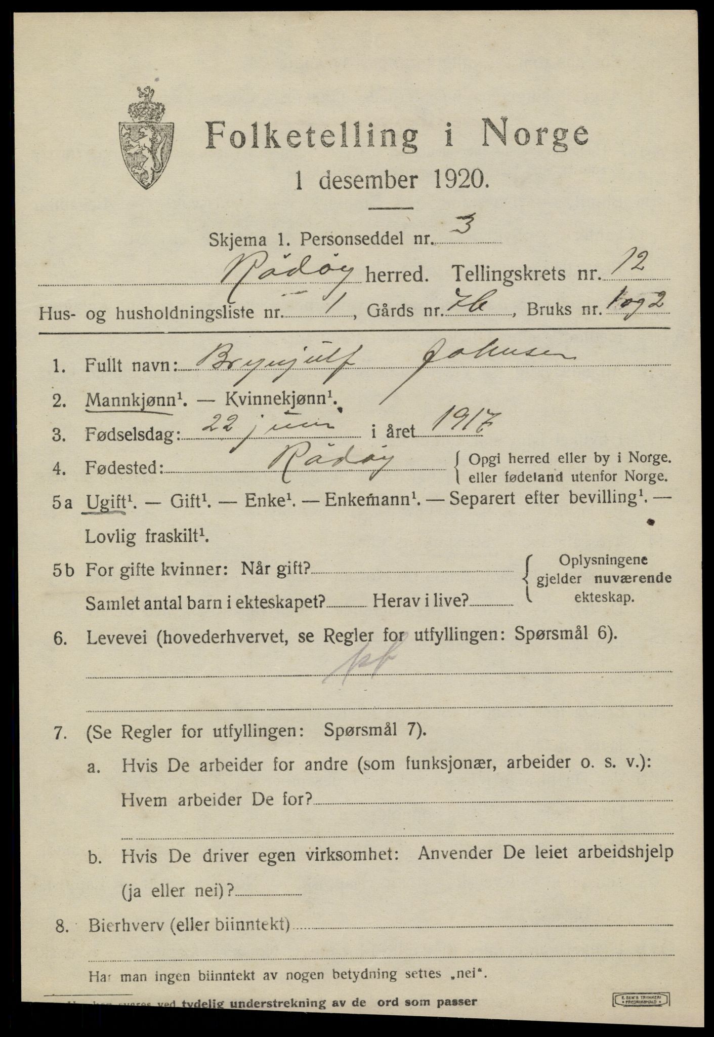 SAT, 1920 census for Rødøy, 1920, p. 6500