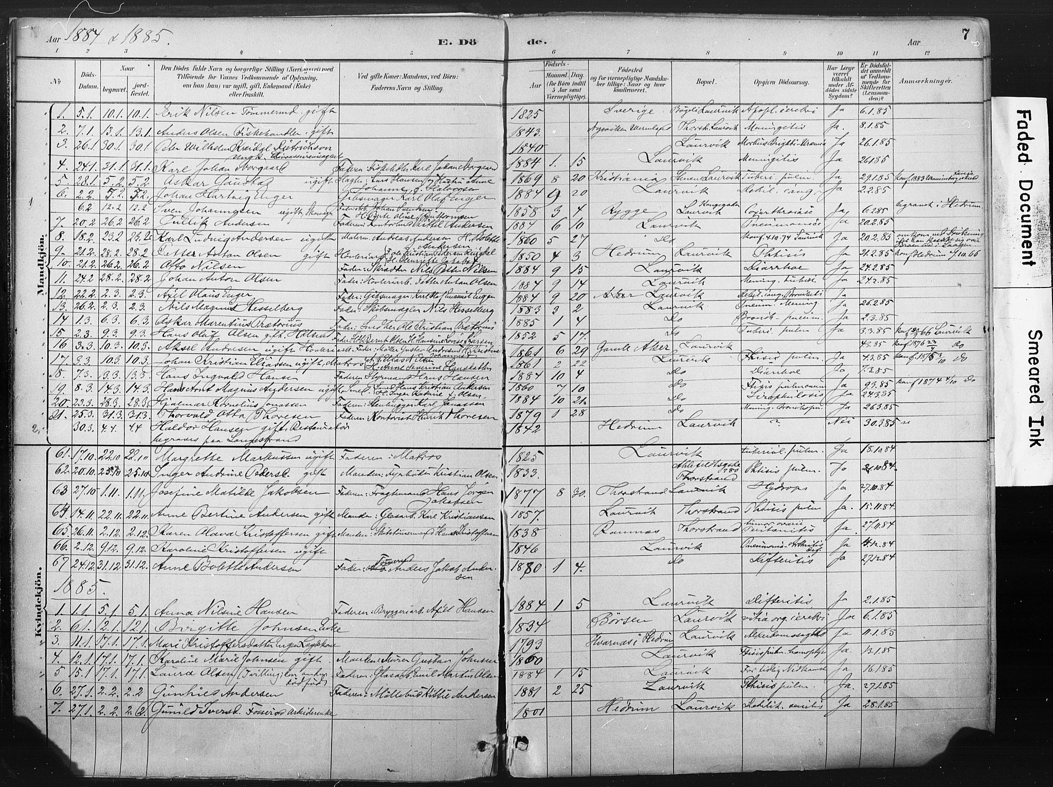 Larvik kirkebøker, SAKO/A-352/F/Fa/L0010: Parish register (official) no. I 10, 1884-1910, p. 7