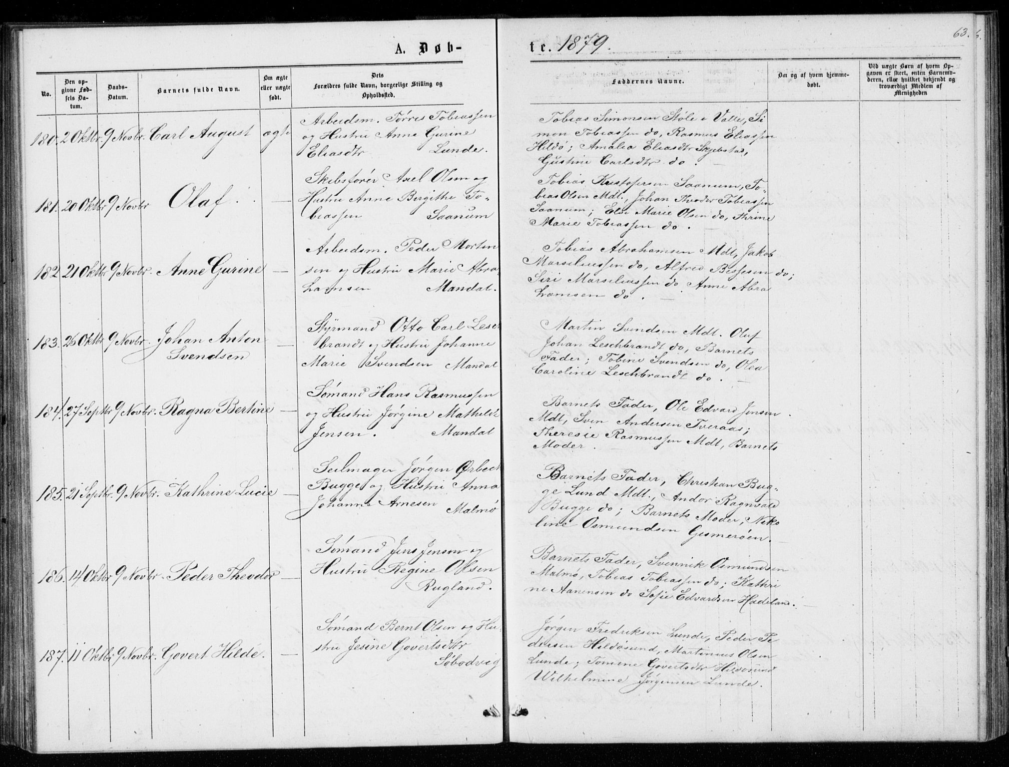 Mandal sokneprestkontor, AV/SAK-1111-0030/F/Fb/Fba/L0010: Parish register (copy) no. B 4, 1876-1880, p. 63