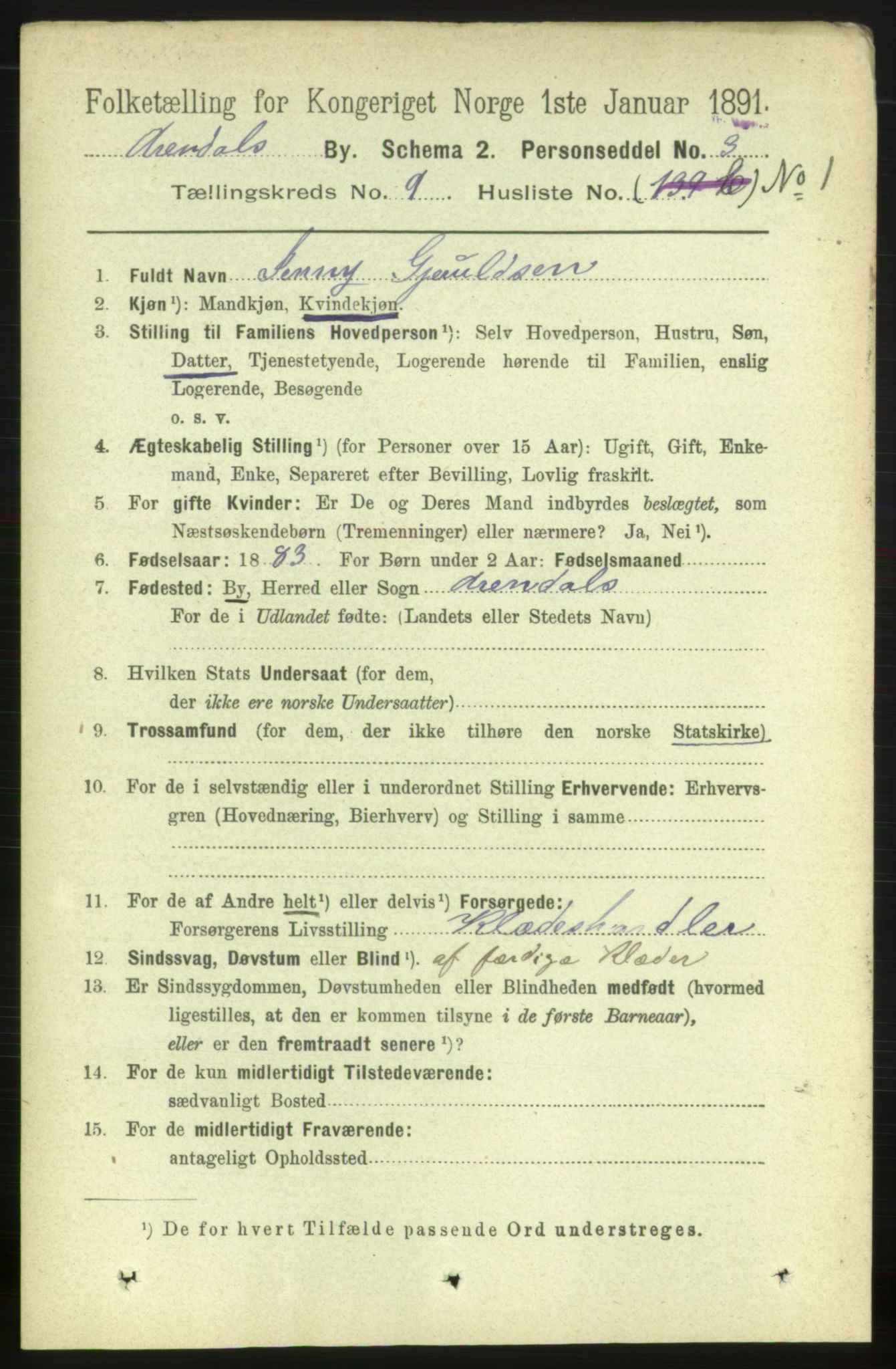 RA, 1891 census for 0903 Arendal, 1891, p. 3222