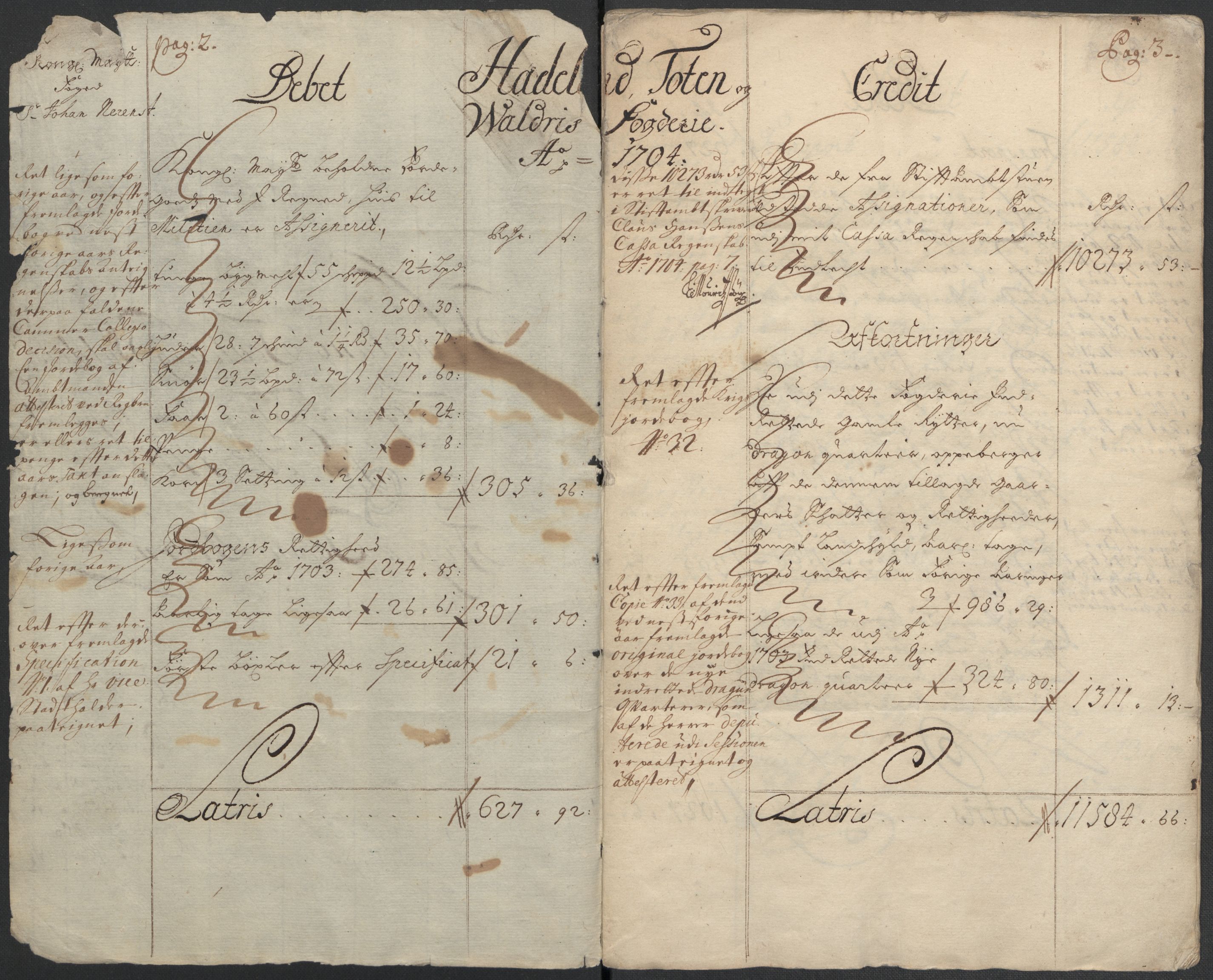 Rentekammeret inntil 1814, Reviderte regnskaper, Fogderegnskap, RA/EA-4092/R18/L1302: Fogderegnskap Hadeland, Toten og Valdres, 1704, p. 4