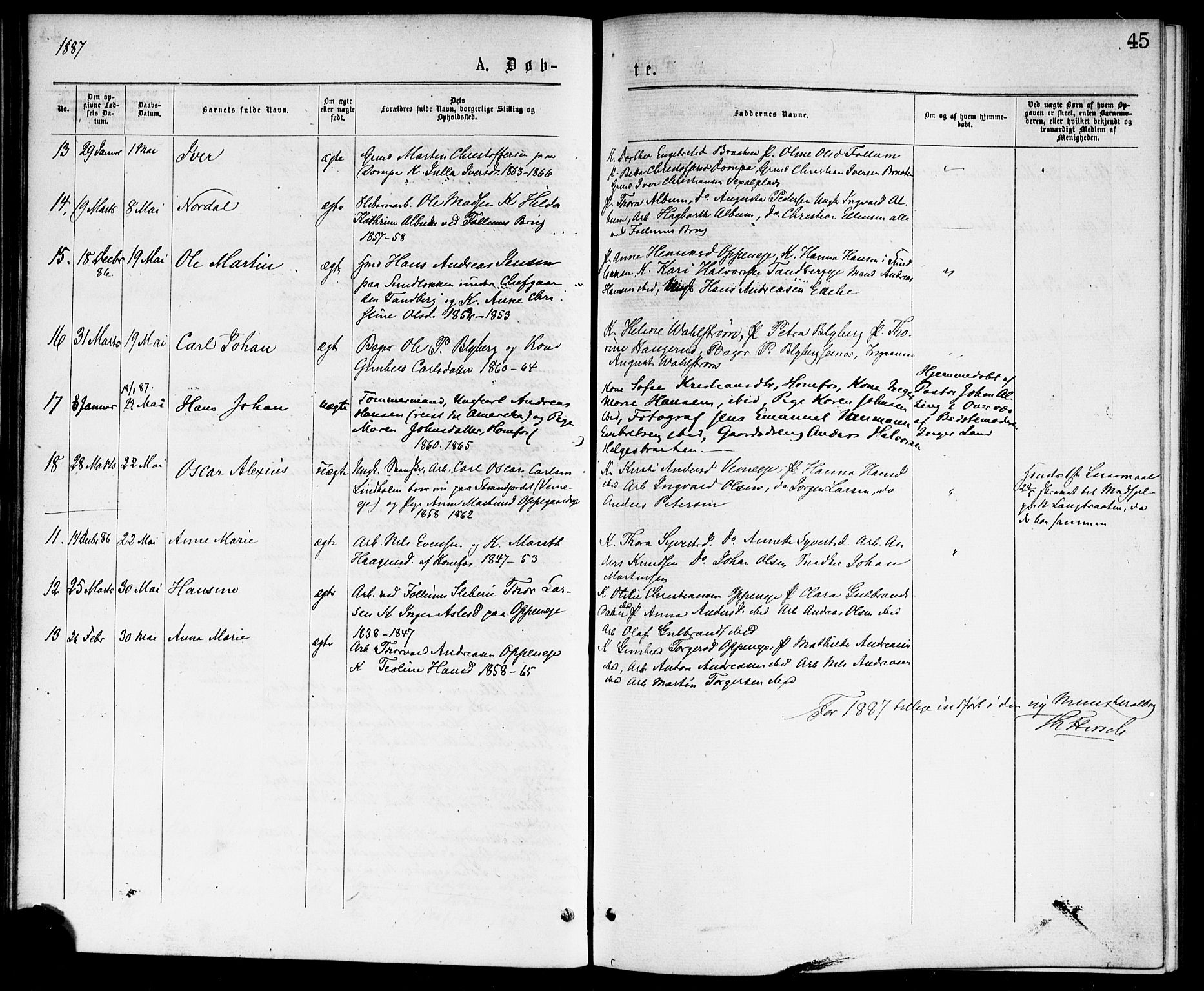 Hønefoss kirkebøker, SAKO/A-609/F/Fa/L0001: Parish register (official) no. 1, 1875-1887, p. 45